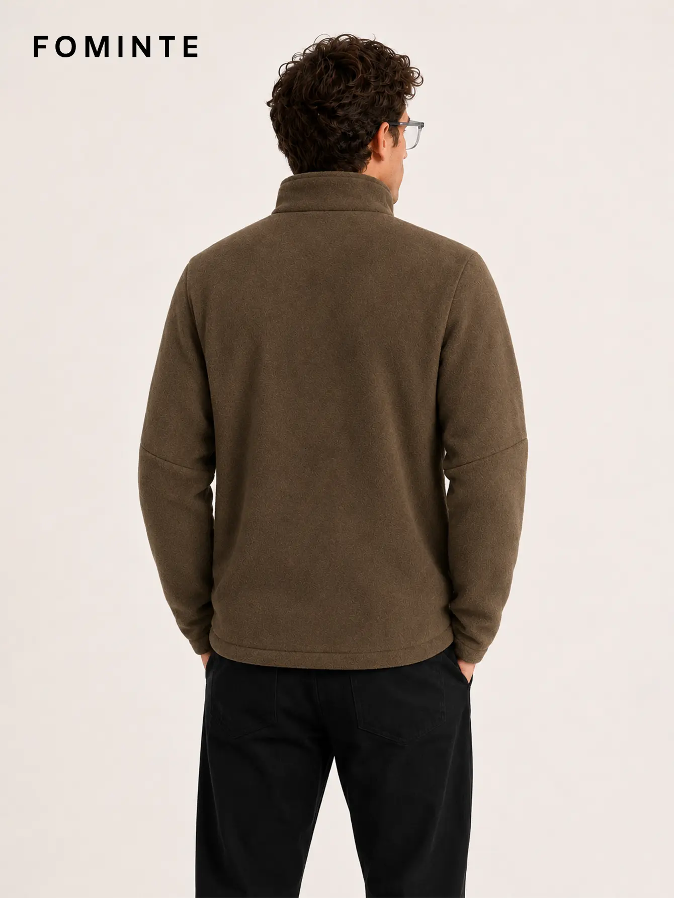 Men's Coffee Brown Stand Collar Full-Zip Fleece Jacket