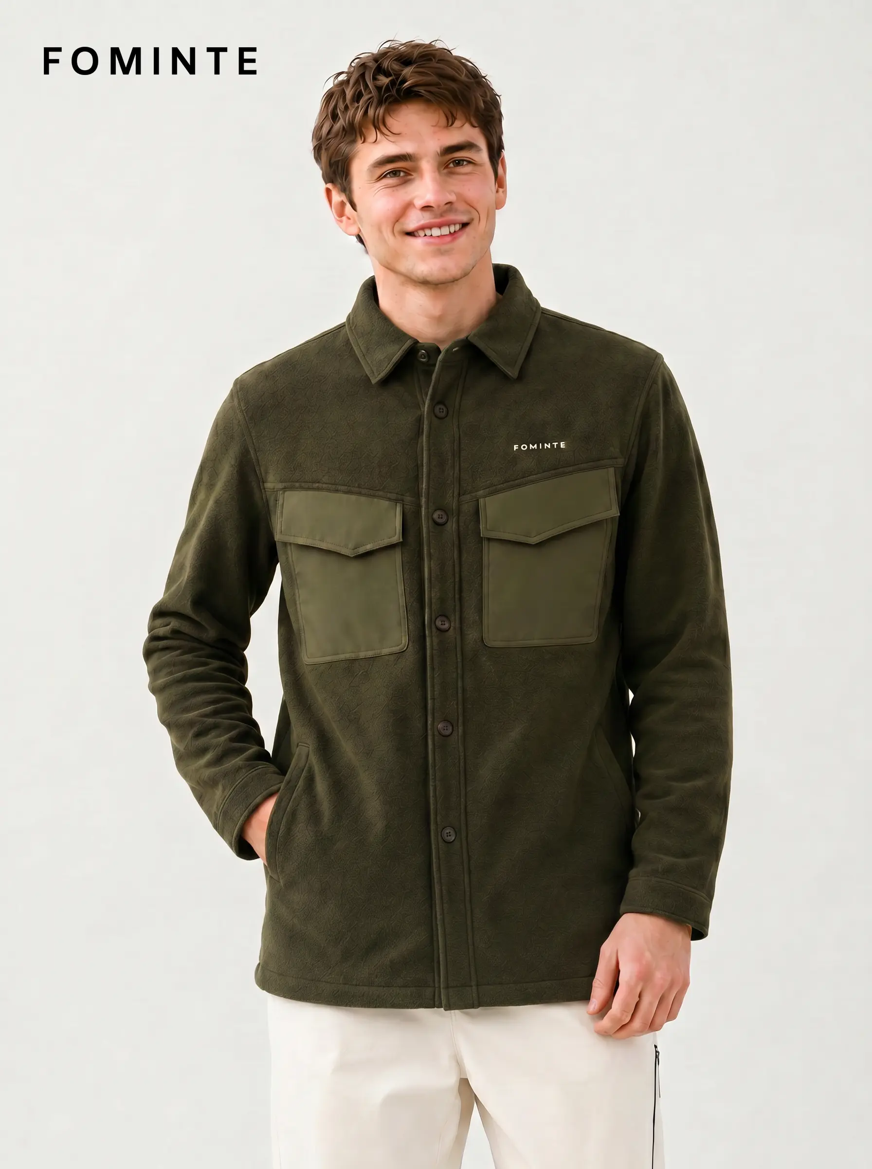 Men's Olive Green Chest Pocket fleece Jacket