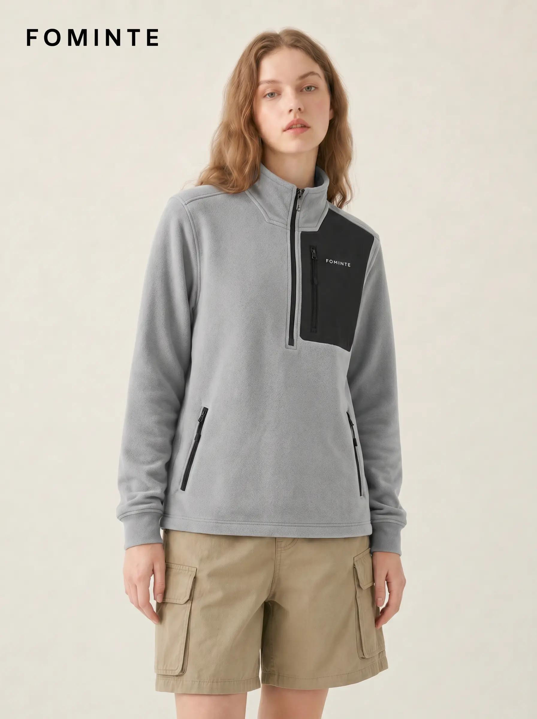 Women's Grey Stand Collar Hiking Quarter-Zip Fleece Hoodie
