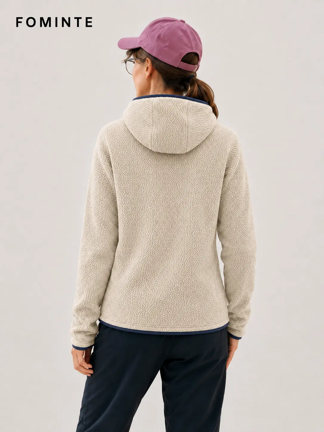Women's Beige and Charcoal Black Hooded Full-Zip Fleece Jacket