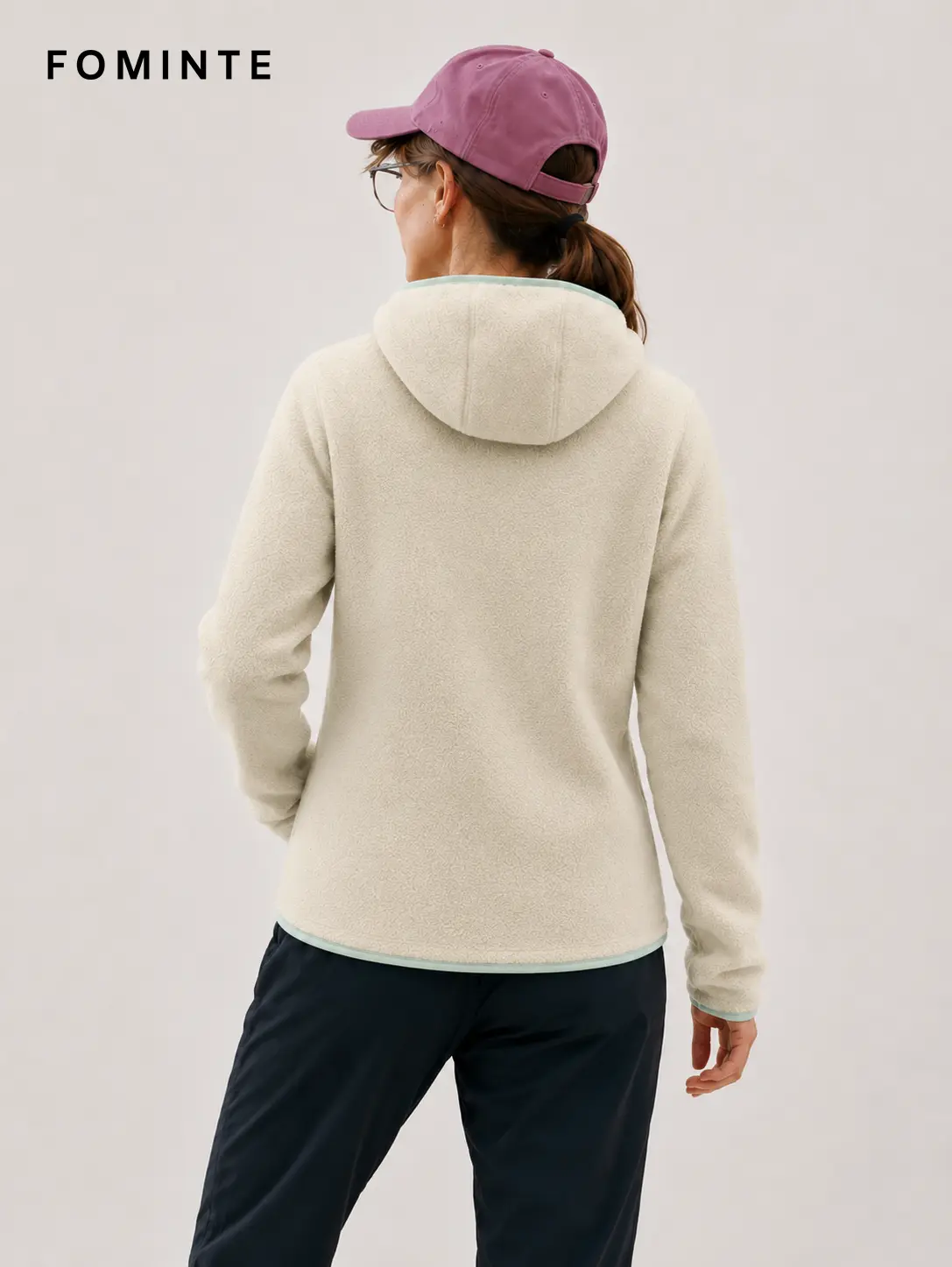 Women's Beige and Light Grey Green Hooded Full-Zip Fleece Jacket