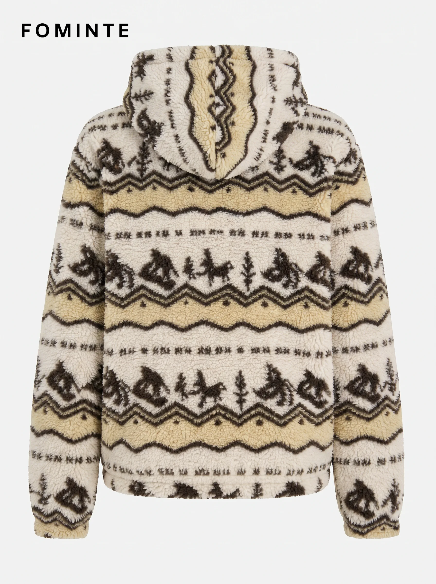 Ivory Geometric Print Hooded Fleece Jacket