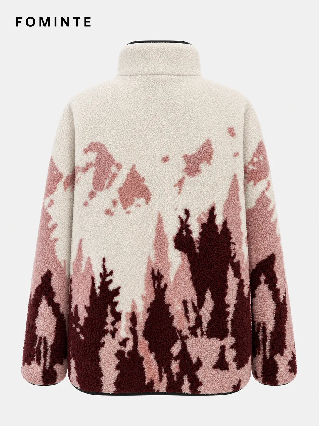 Ivory Burgundy Mountain Print Fleece Jacket