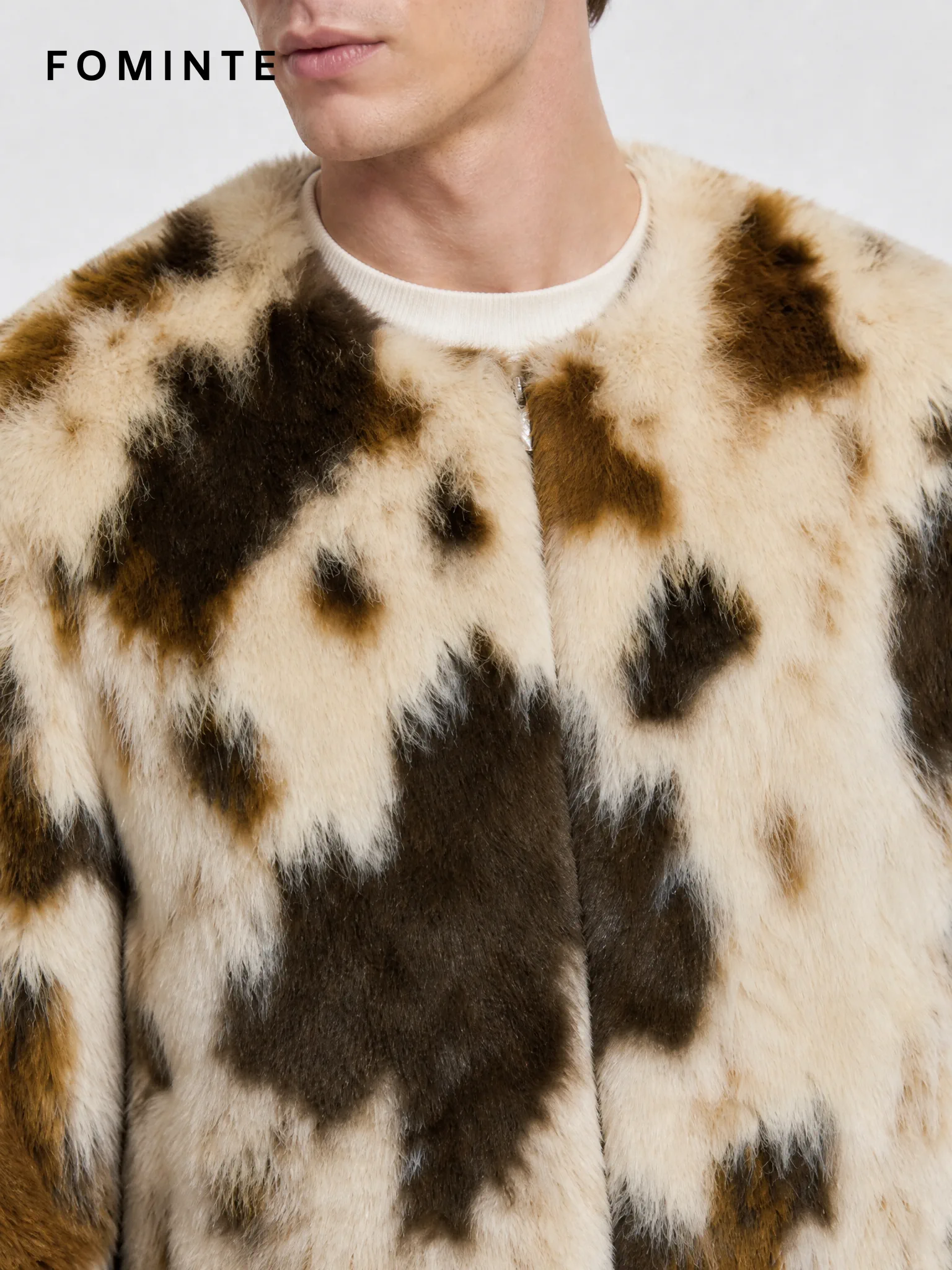 Ivory Diagonal-Stripe Faux Fur Jacket