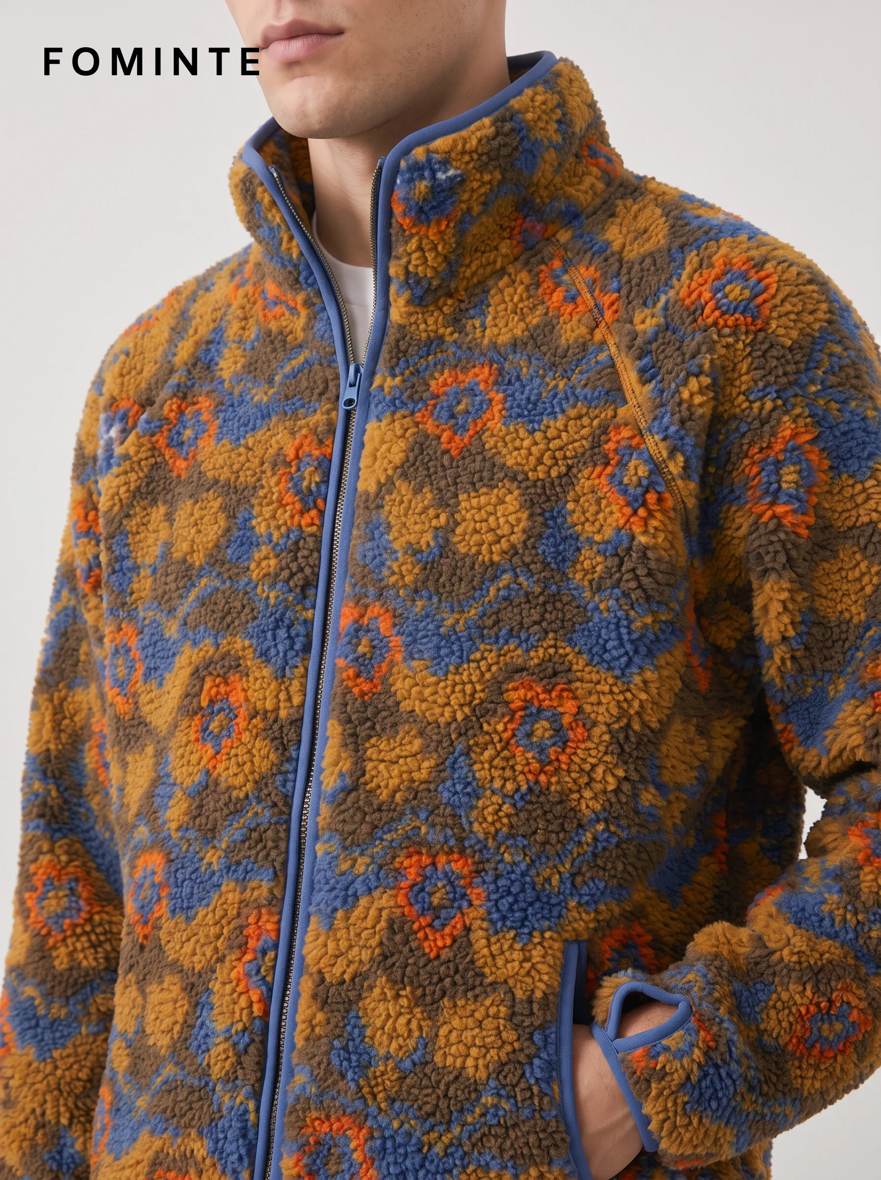 Stand-Collar Full-Zip Fair Isle Print Fleece Jacket