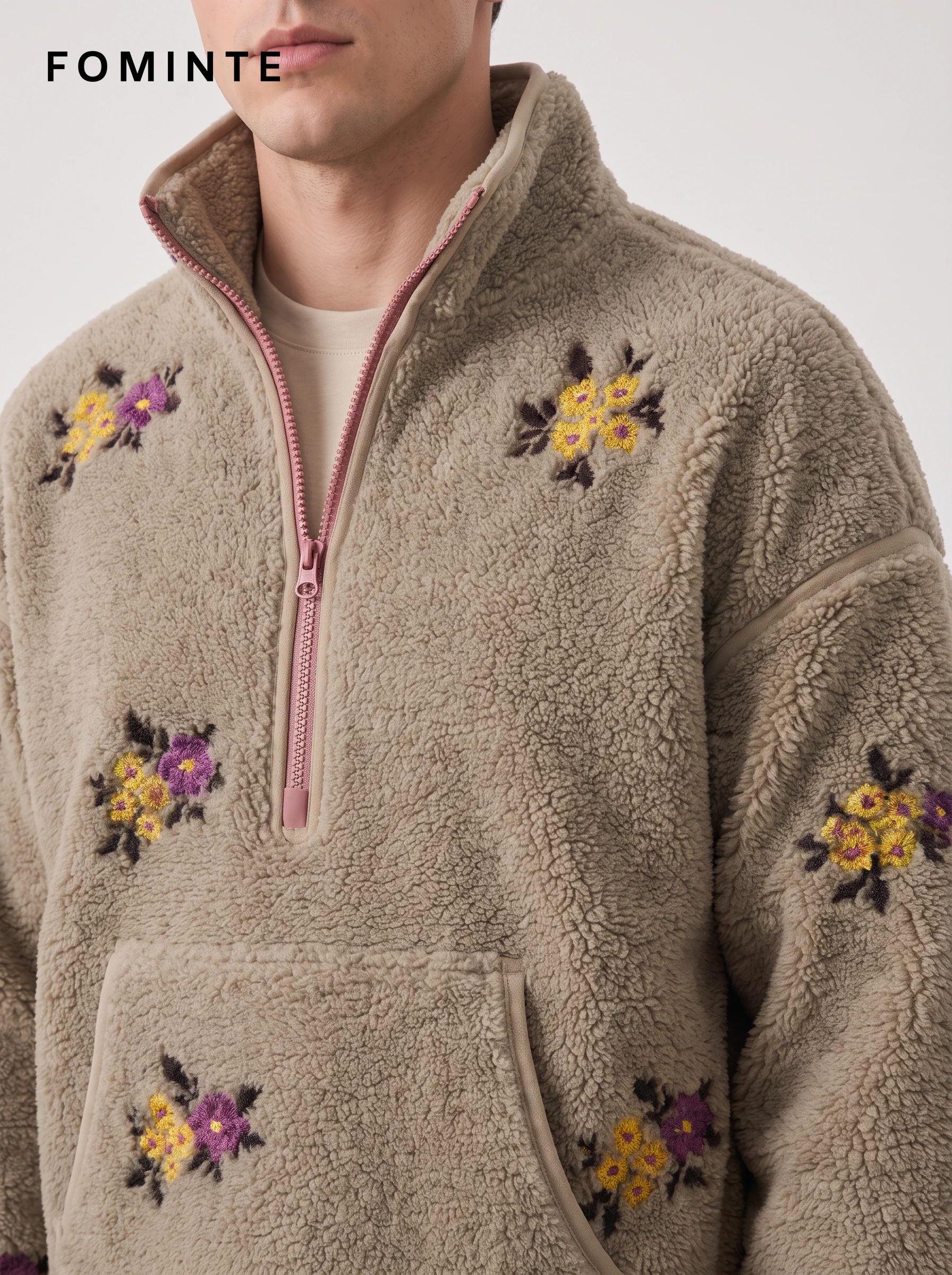 Light Khaki Floral-Embroidered Half-Zip Fleece