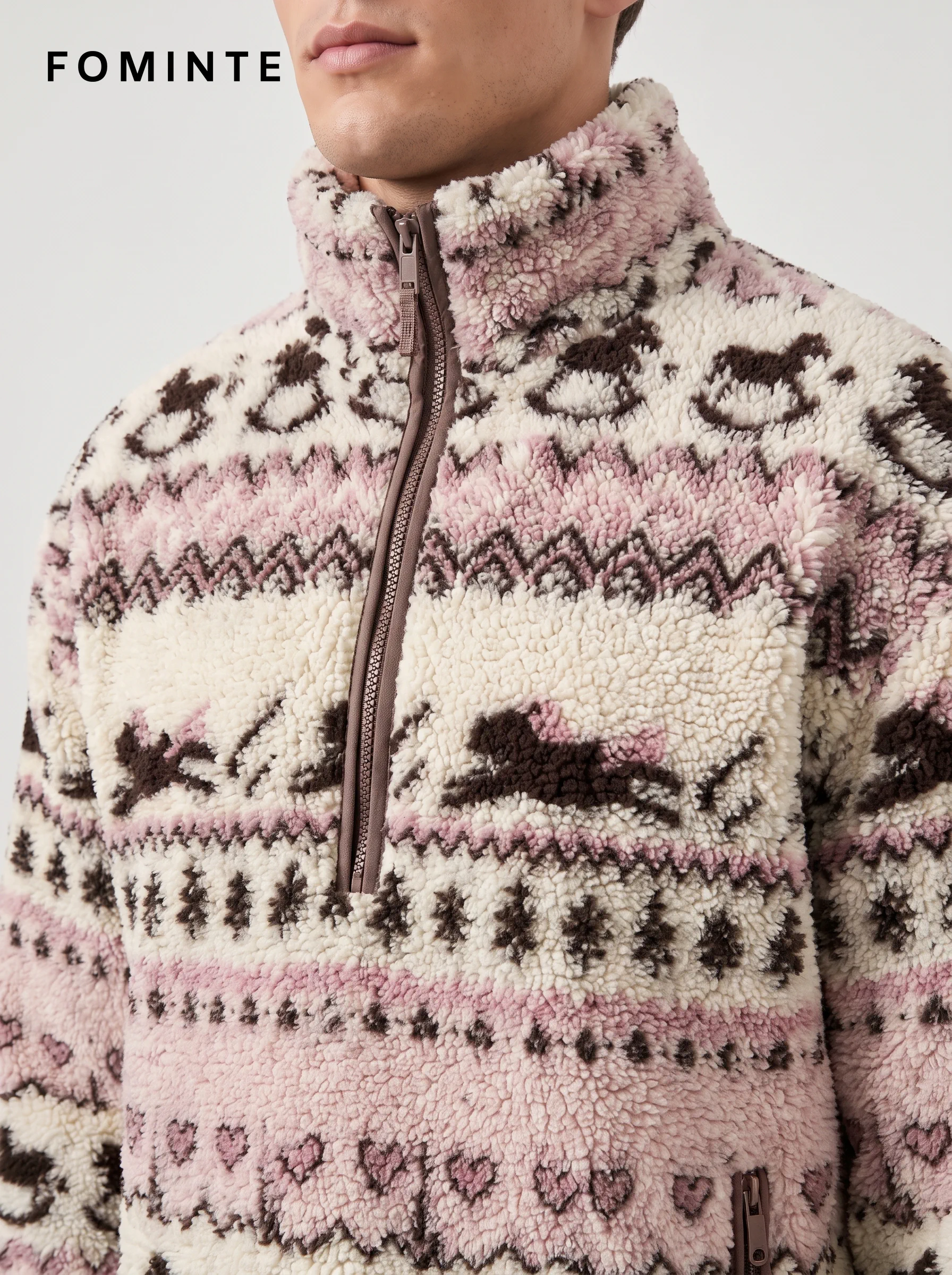 Fair Isle Print Half-Zip Fleece Pullover with Pony Motifs