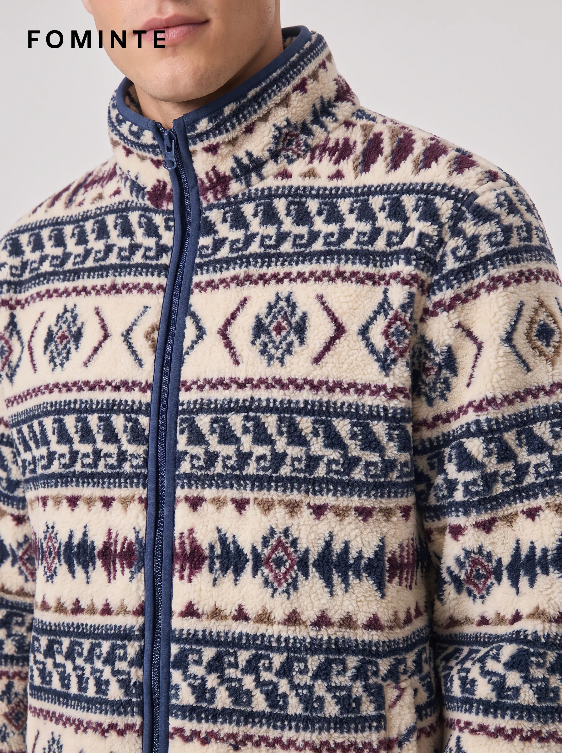 Stand-Collar Full-Zip Fair Isle Geometric Fleece Jacket