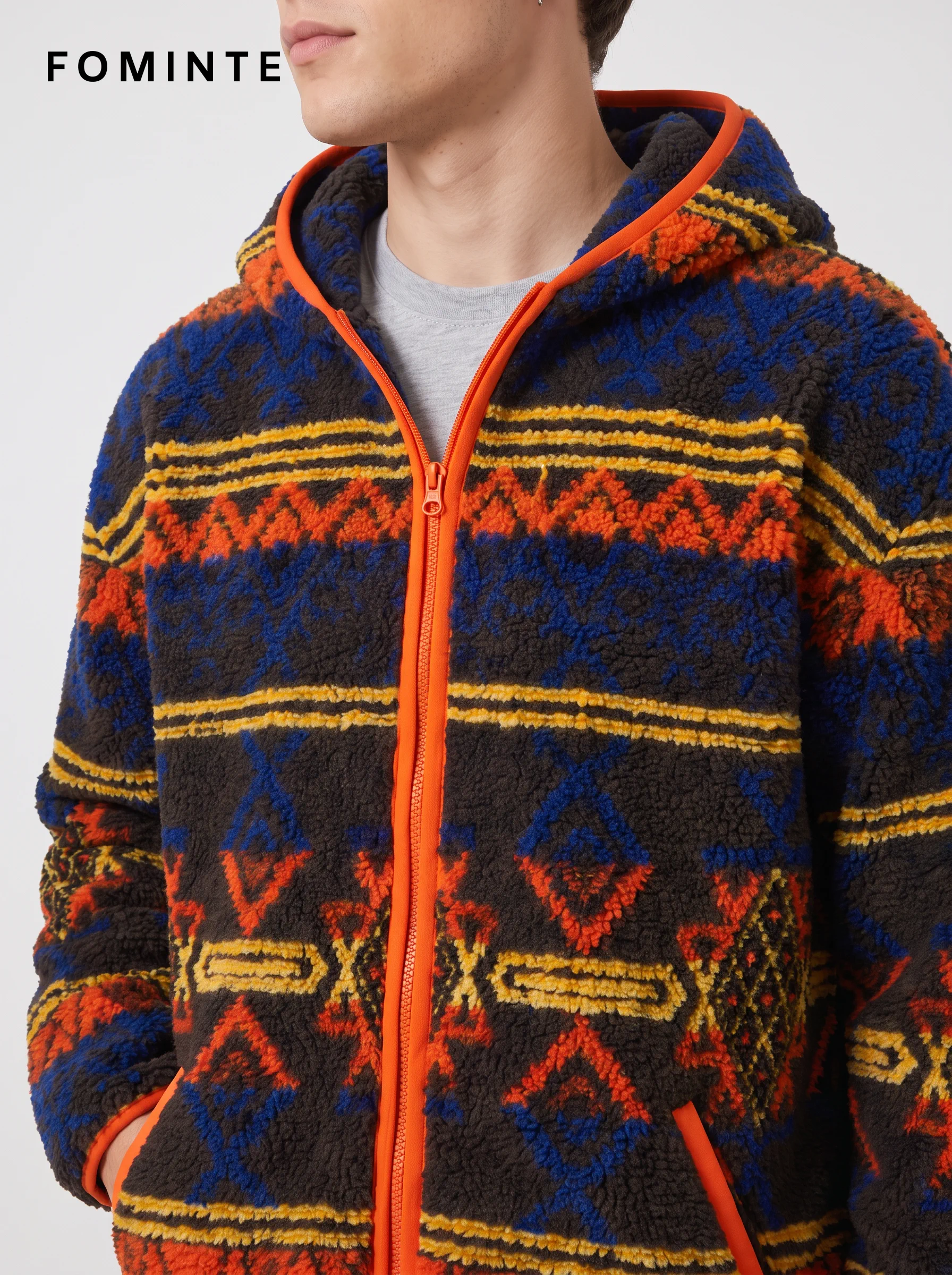 Hooded Full-Zip Aztec Geometric Fleece Jacket