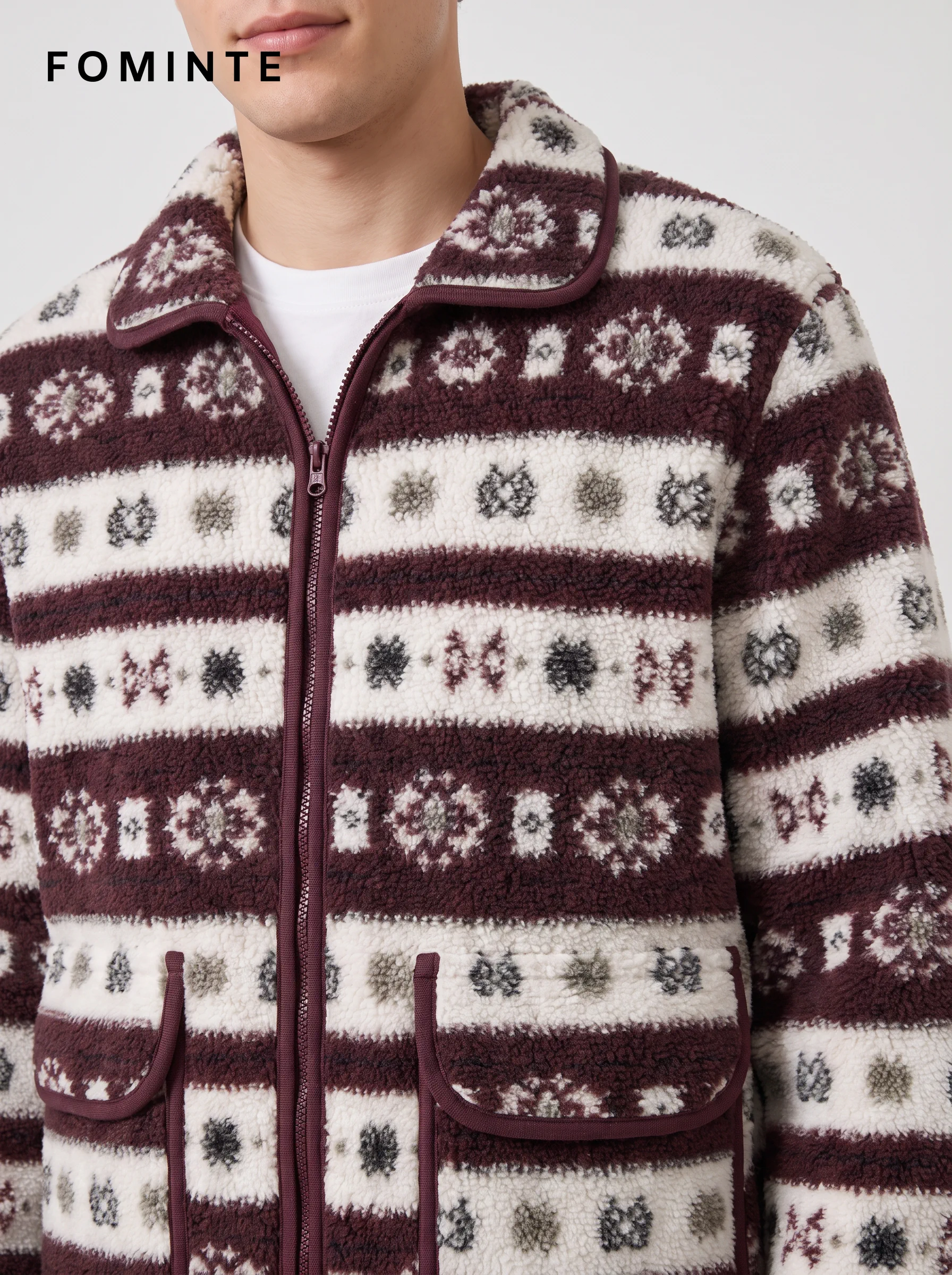 Notched-Collar Full-Zip Fair Isle Fleece Jacket