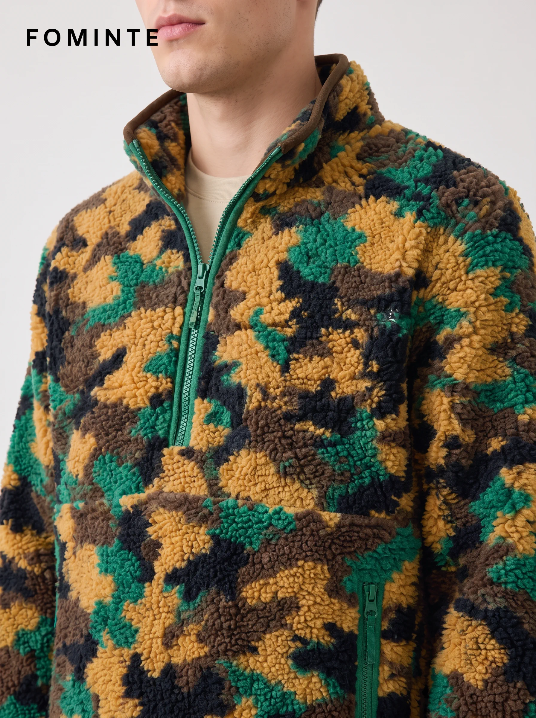 Stand-Collar Half-Zip Camo Print Fleece Jacket