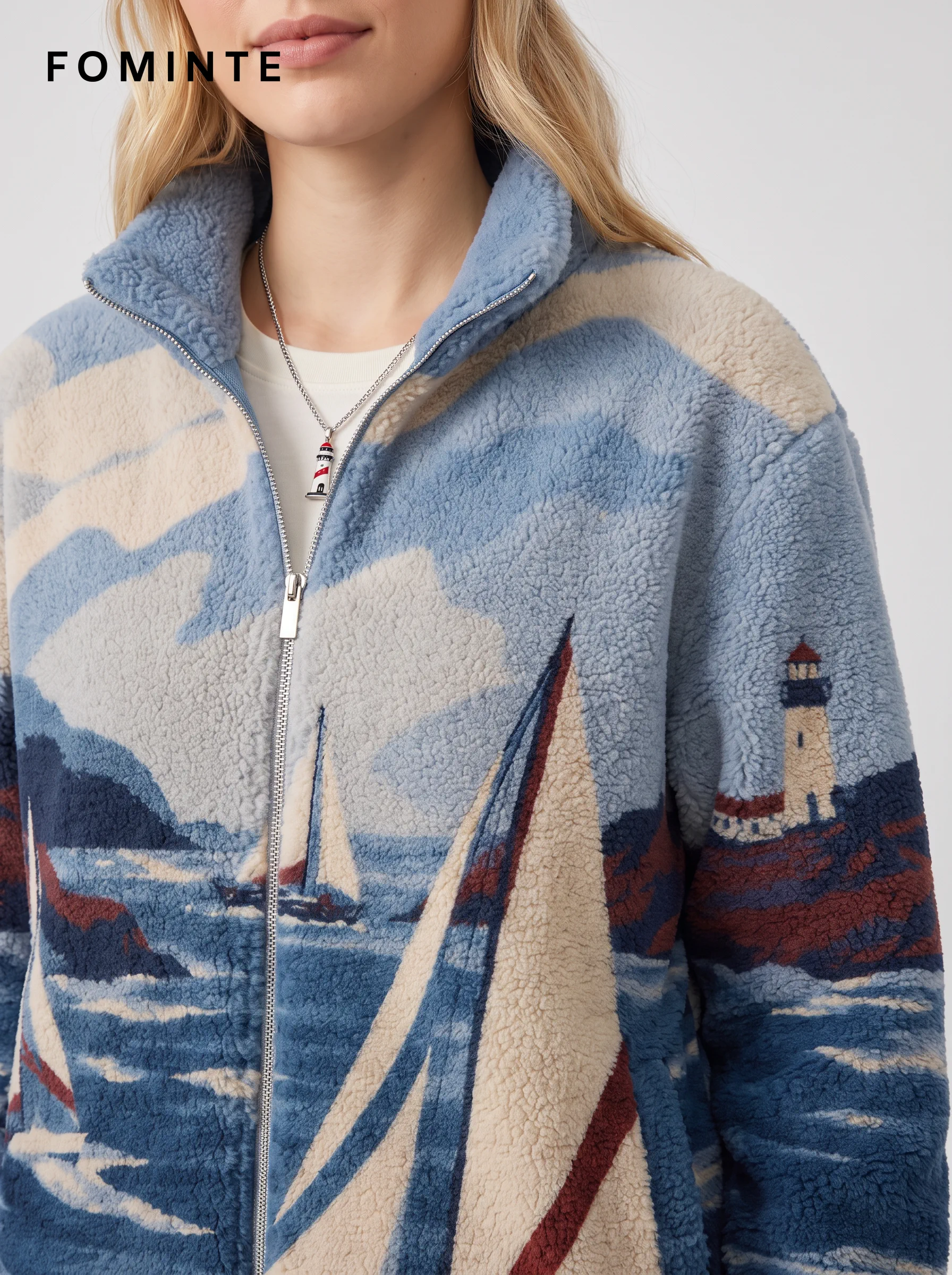 Coastal Sailing Print Full-Zip Fleece Jacket