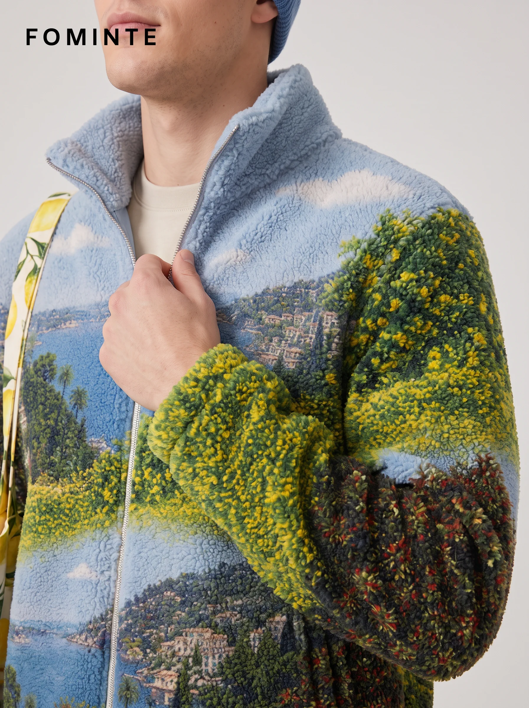Mediterranean Bay Landscape Print Full-Zip Fleece Jacket