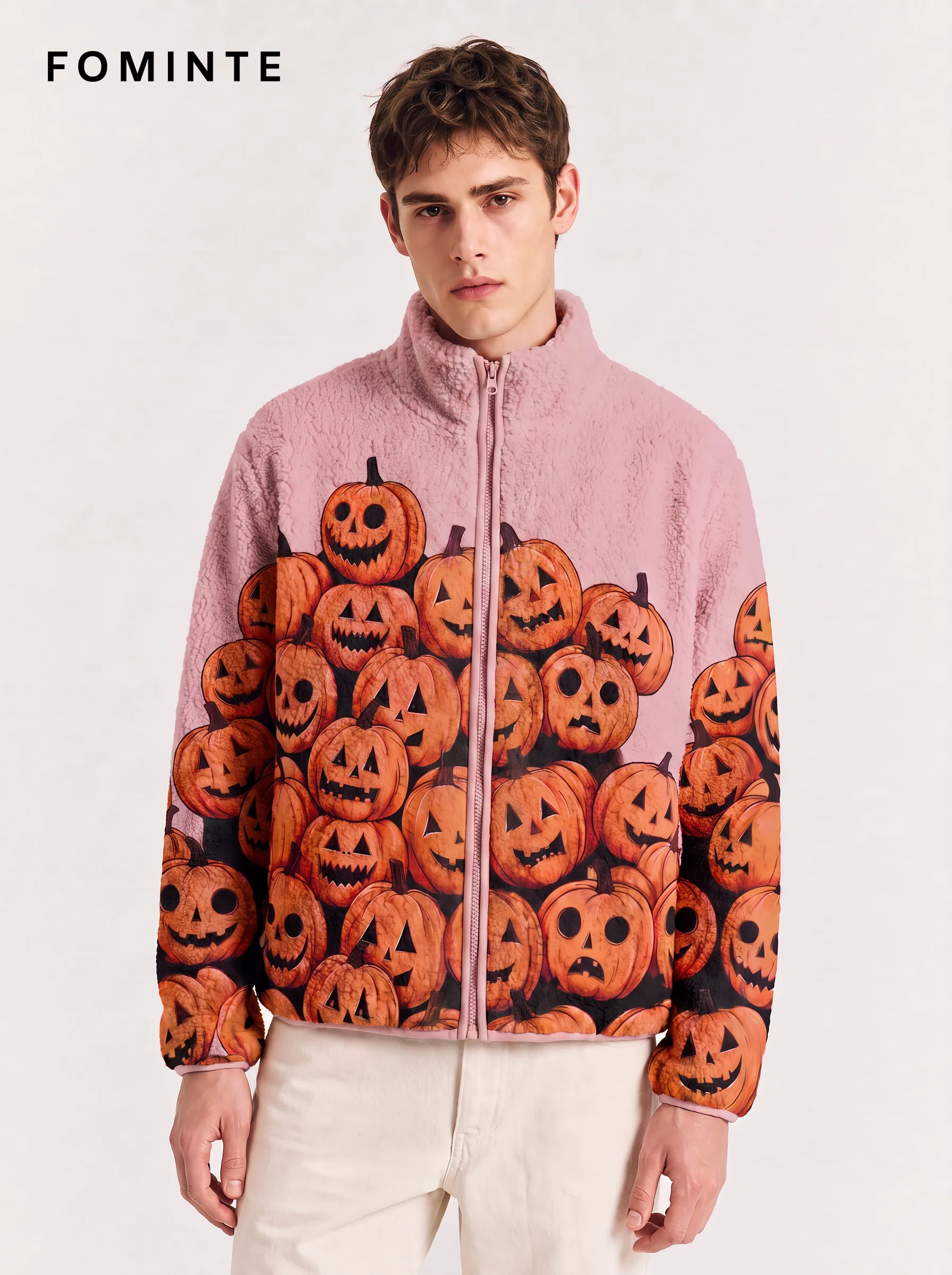 Pink Jack-O'-Lantern Print Stand-Collar Fleece Jacket