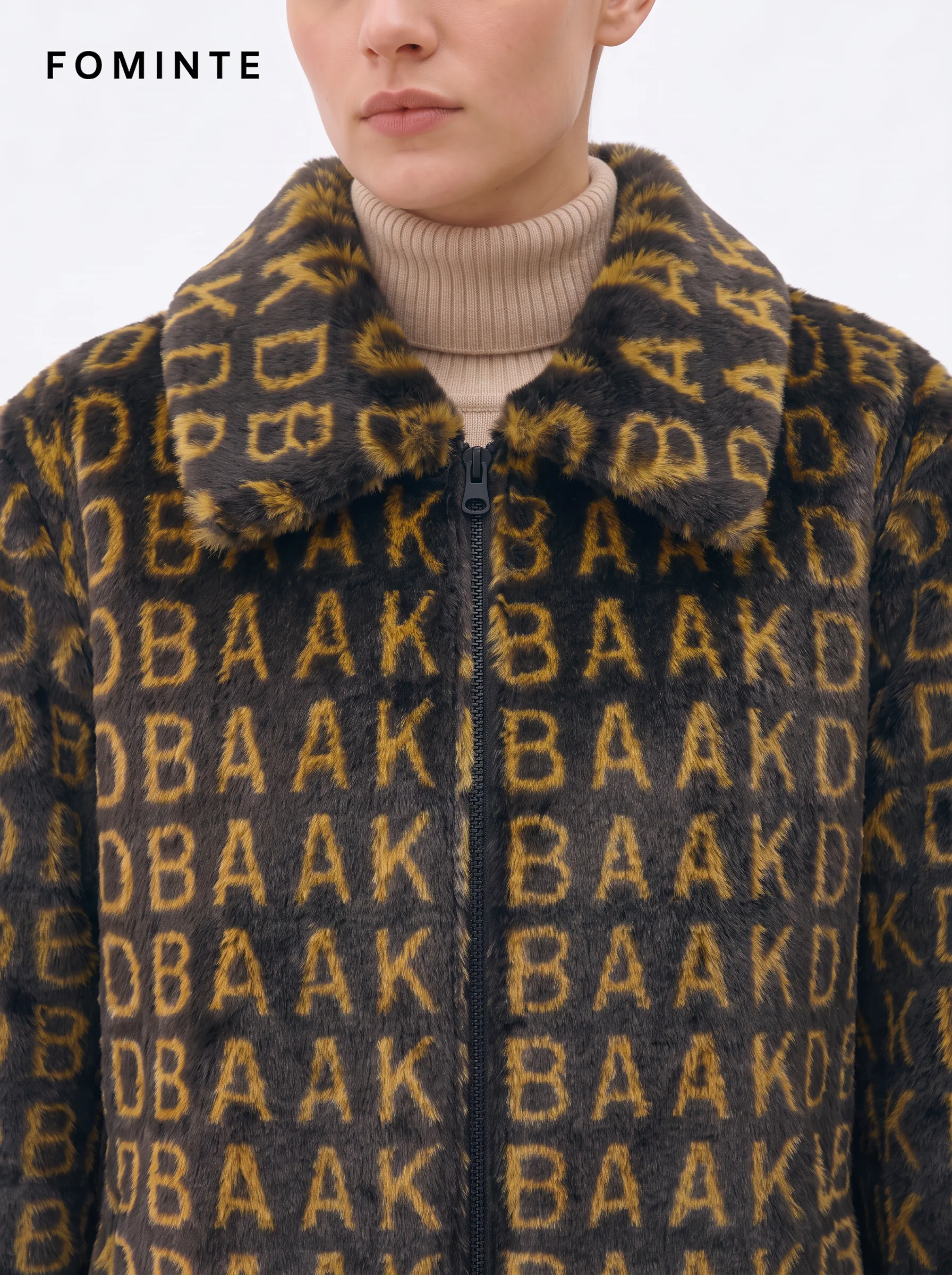Black and Gold Monogram Luxury Faux Fur Zip Jacket