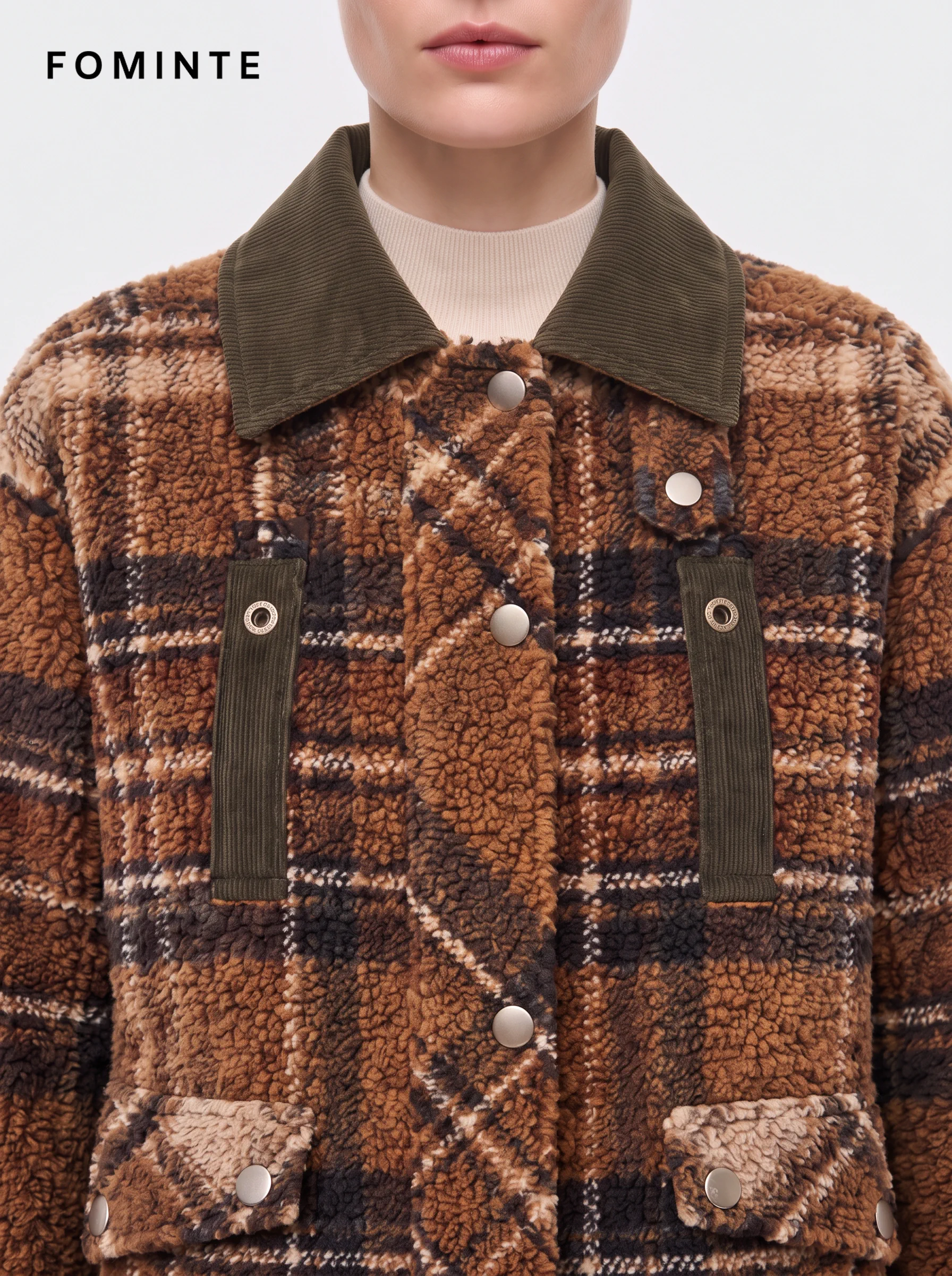 Brown Plaid Utility Sherpa Jacket with Corduroy Collar