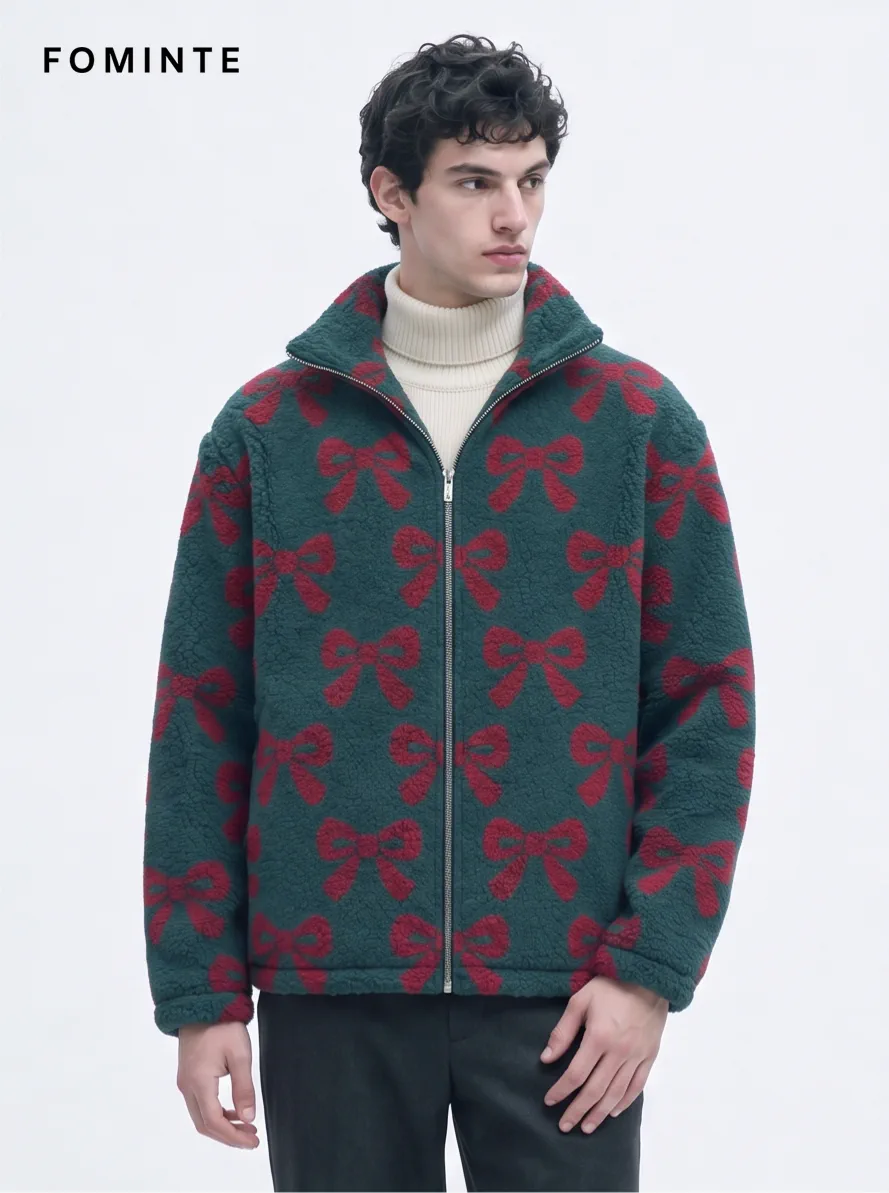 Forest Green Holiday Ribbon Bow Print Sherpa Jacket