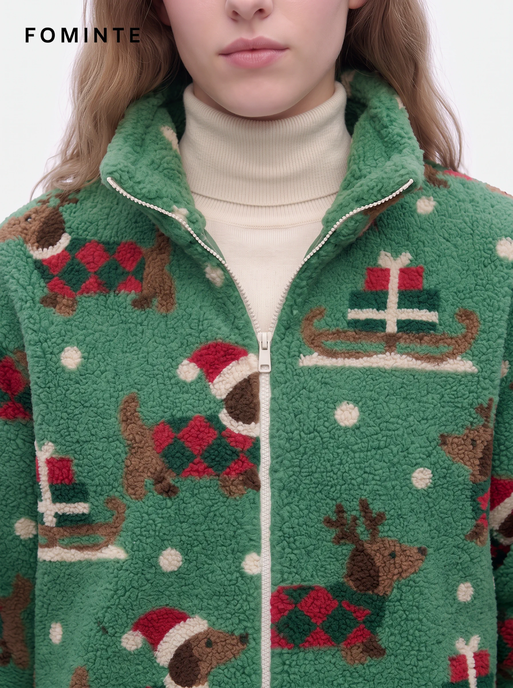 Holiday Dachshund Print Sherpa Fleece Jacket
