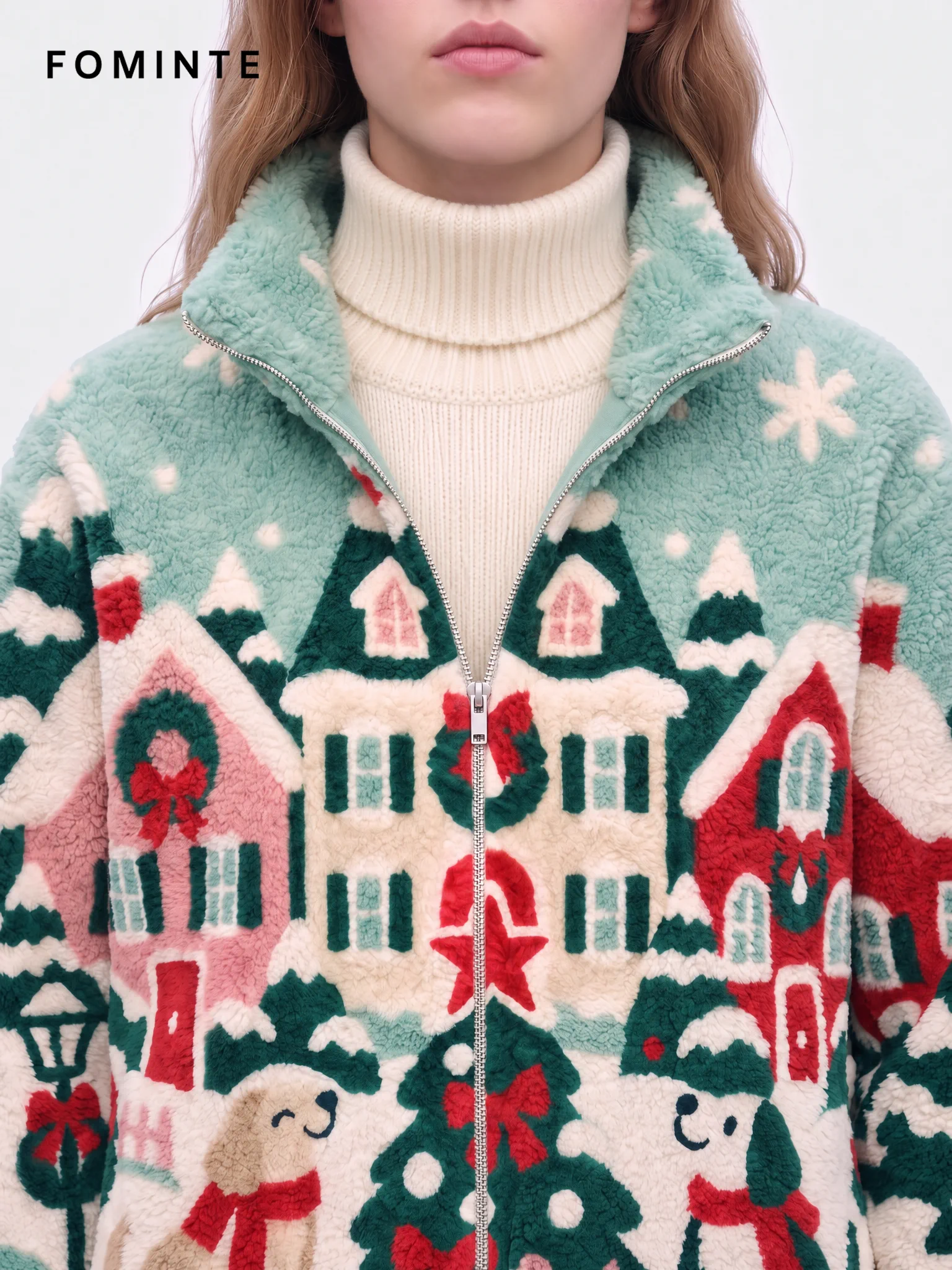 Pastel Mint Winter Village and Holiday Pets Fleece Jacket