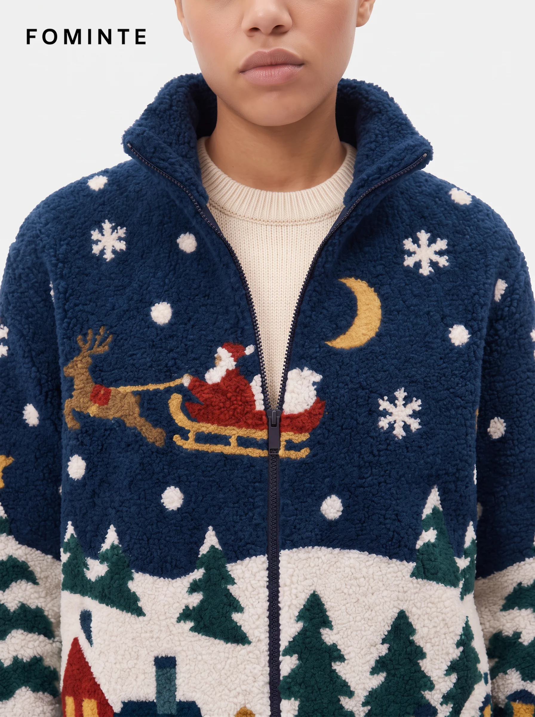 Midnight Navy Santa Sleigh Christmas Sherpa Jacket