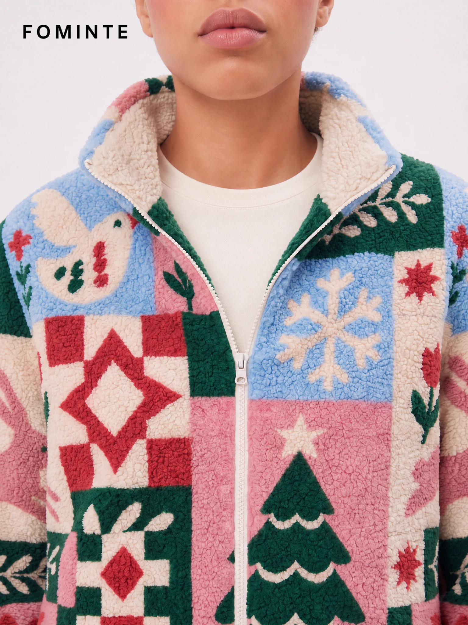 Pastel Christmas Patchwork Quilt Sherpa Jacket