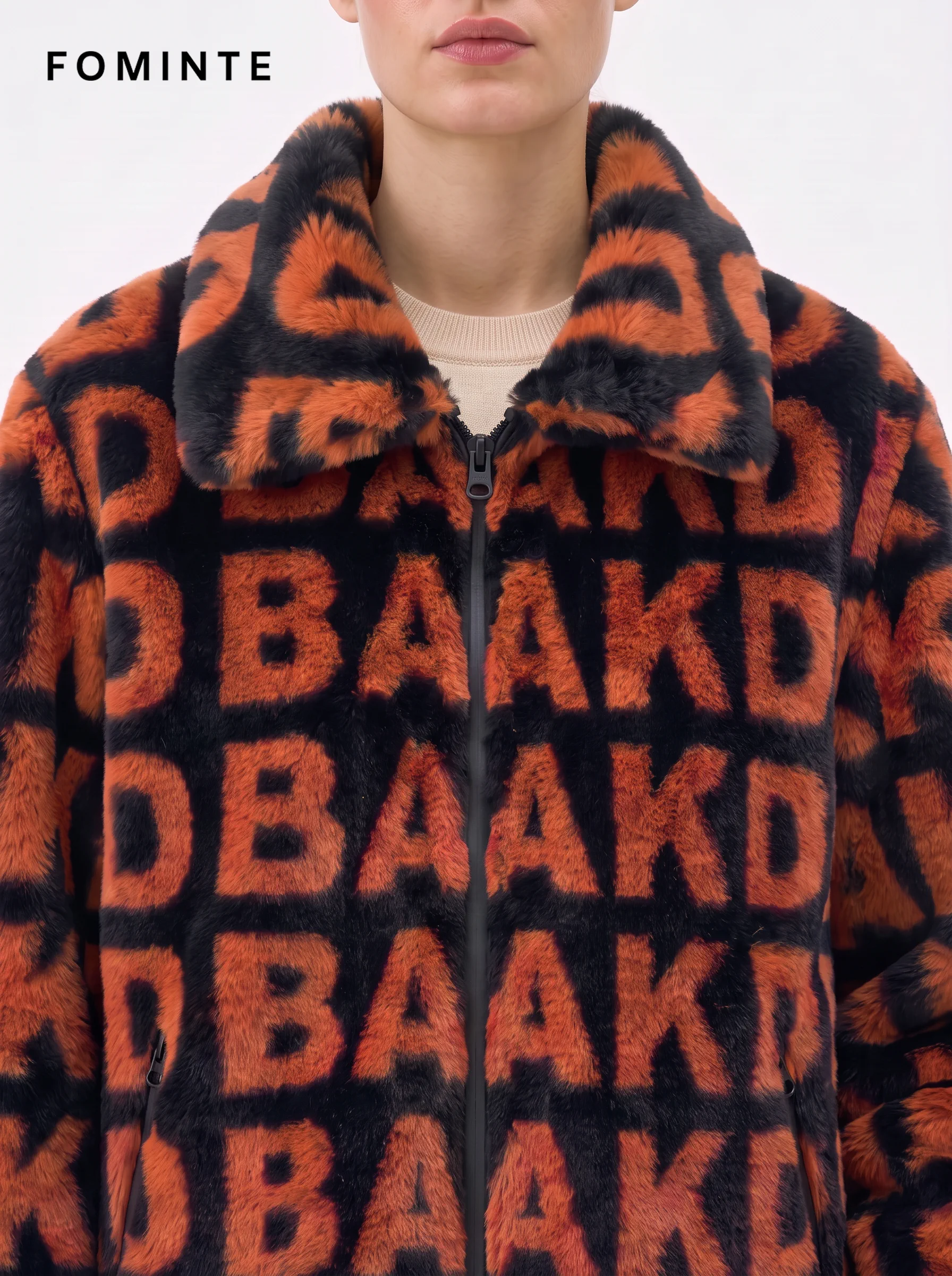 Tangerine and Black Monogram Luxury Faux Fur Zip Jacket