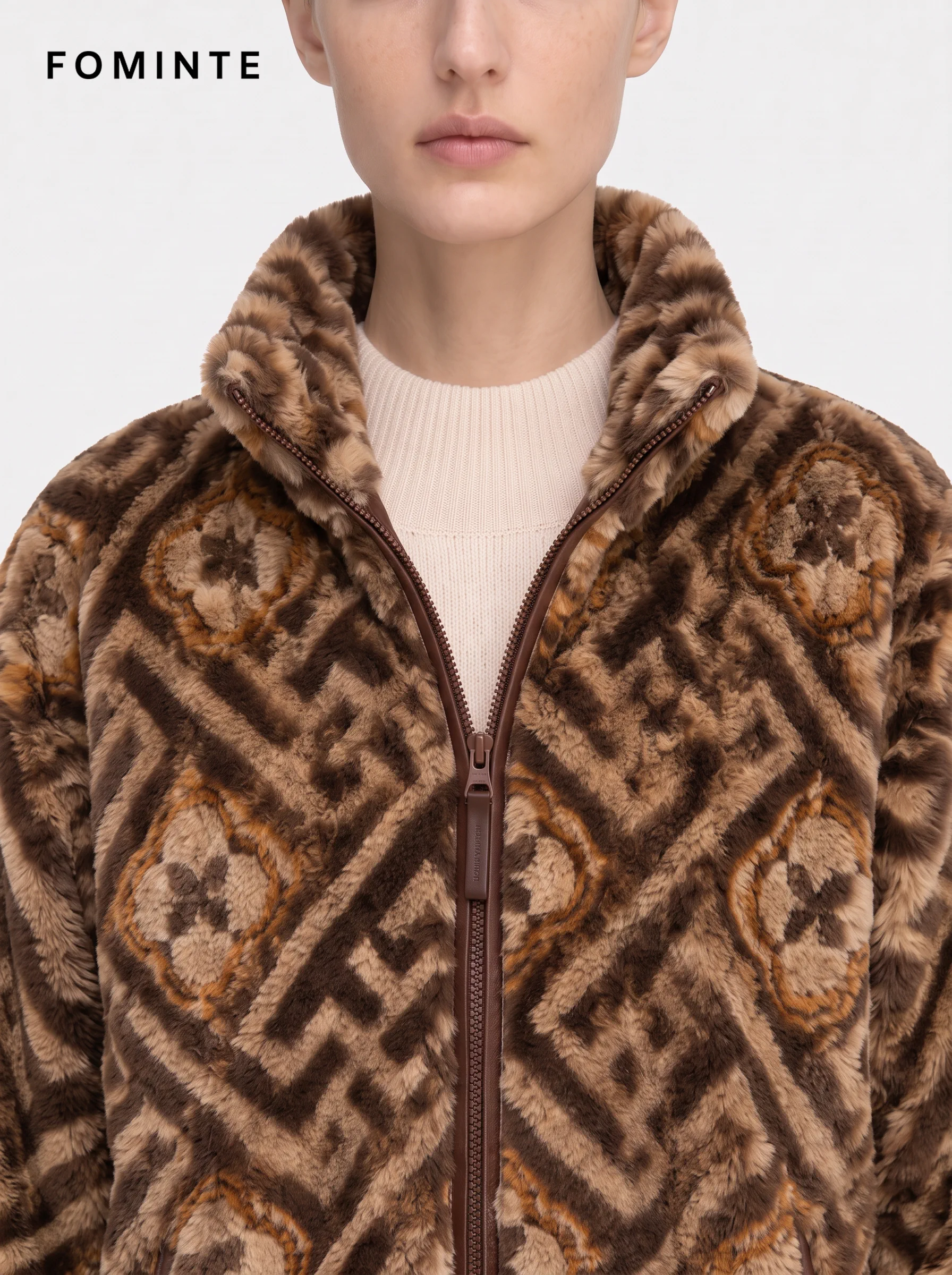 Earthy Colorblock Geometric Patchwork Luxury Faux Fur Jacket