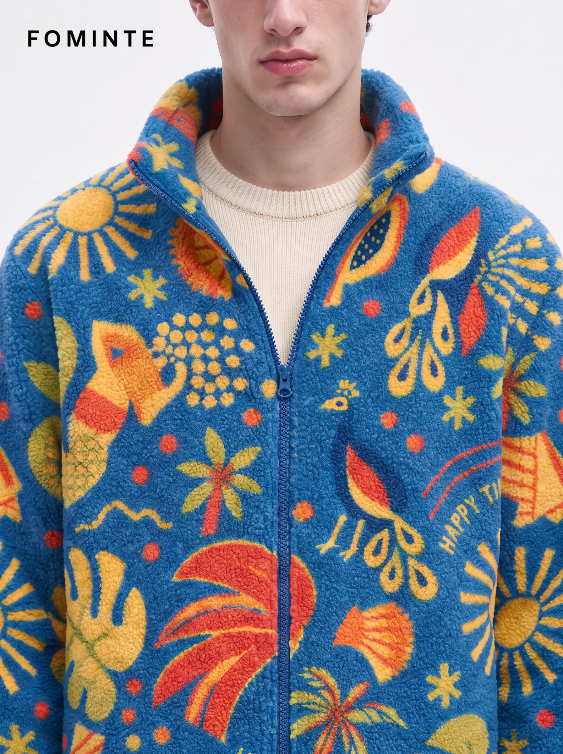 Electric Blue Sunshine Tropical Resort Print Fleece Jacket