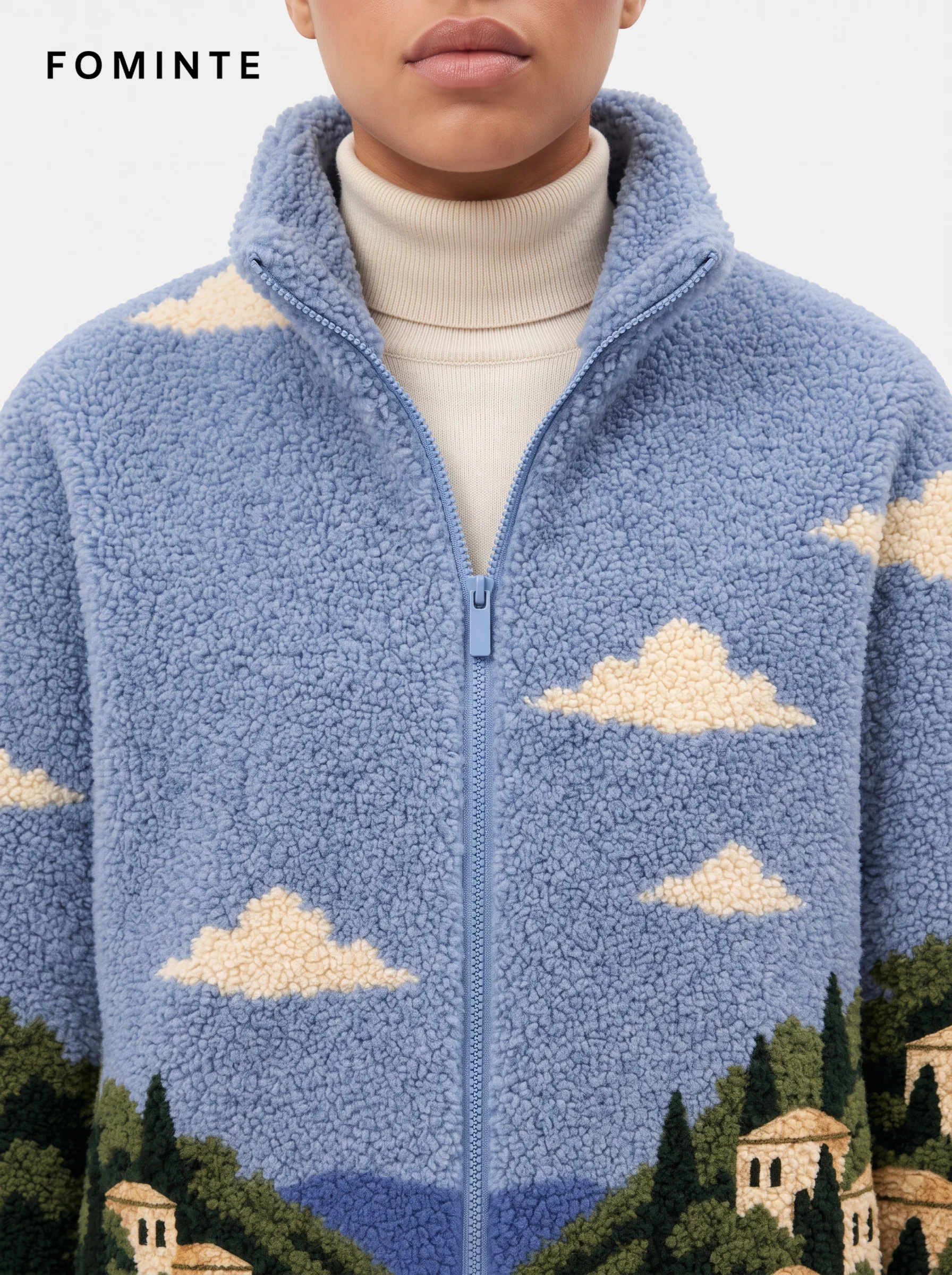 Sky Blue Mediterranean Coastal Villa Landscape Fleece Jacket