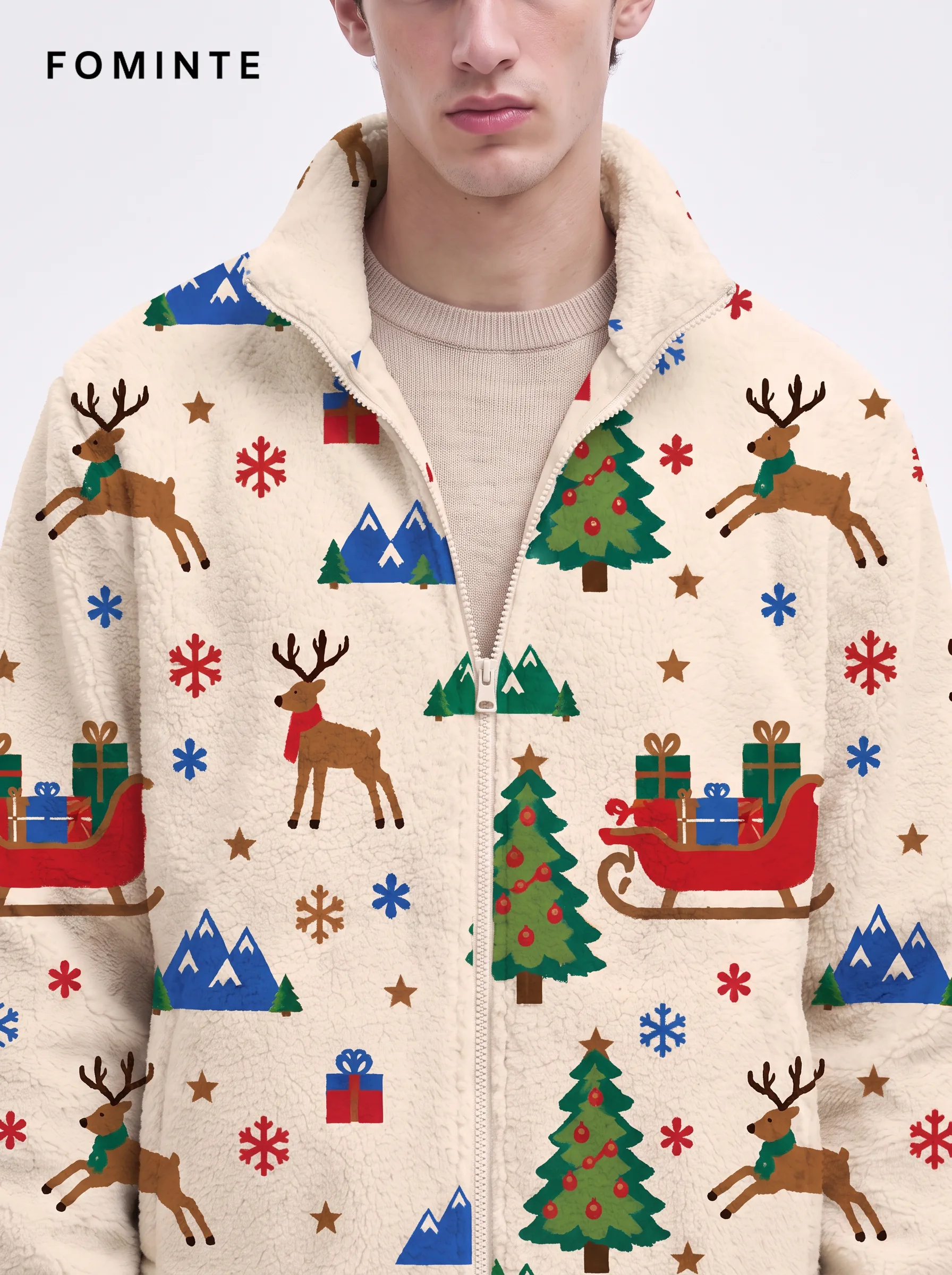 Cream Christmas Reindeer and Forest Holiday Sherpa Jacket