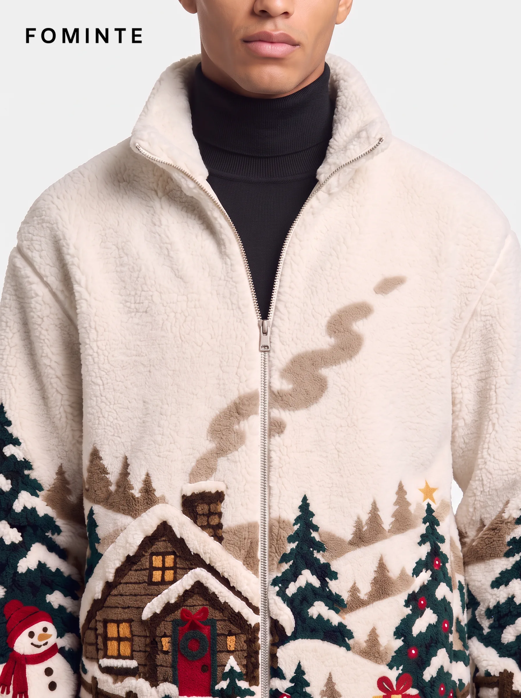 Alpine Cabin and Snowman Holiday Sherpa Fleece Jacket