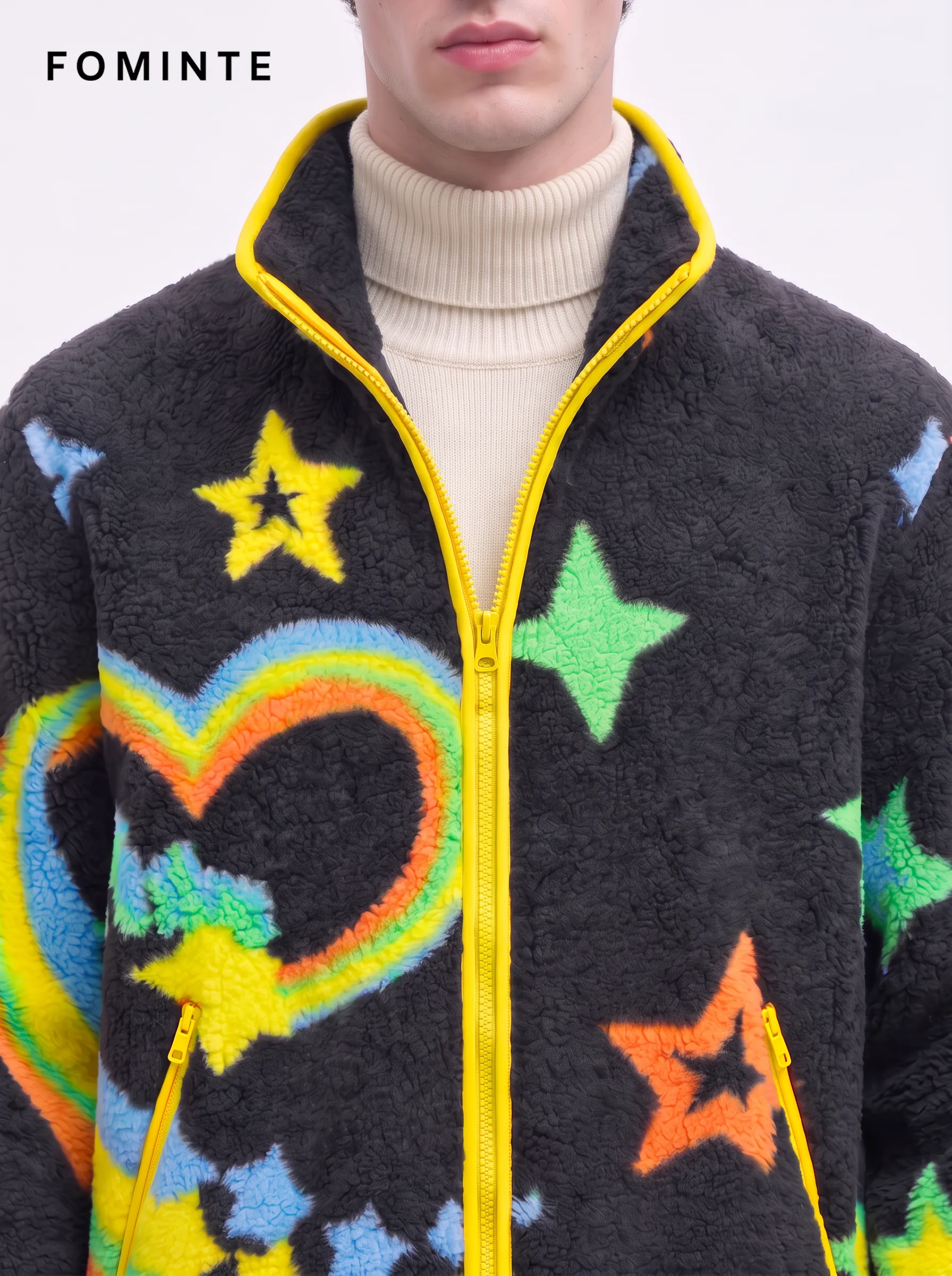 Modern Prismatic Polygon Colorblock Sherpa Fleece Jacket