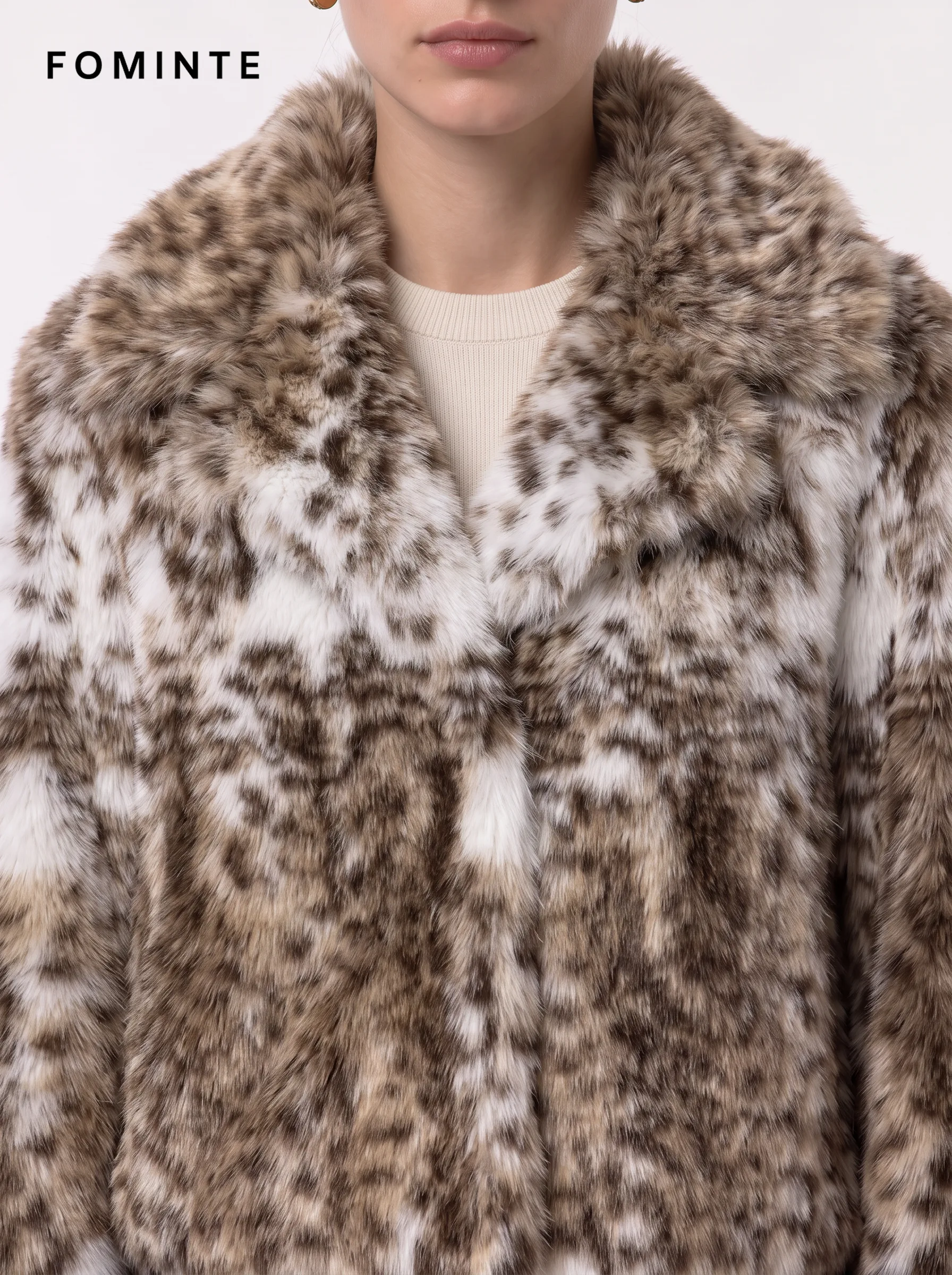 Ivory Tiger-Inspired Shawl Collar Faux Fur Jacket