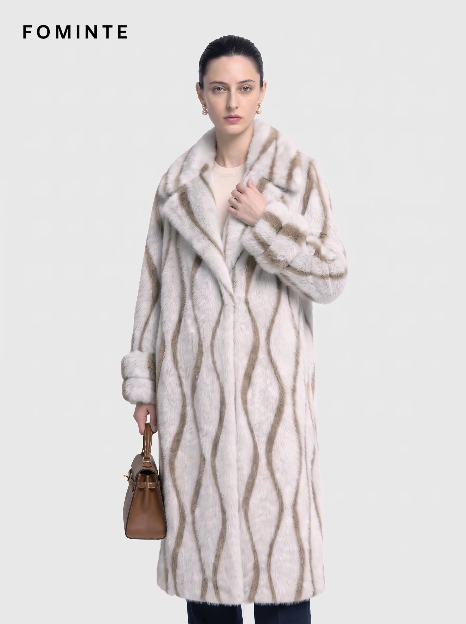 Cream and Dove Grey Striped Lapel Faux Fur Coat