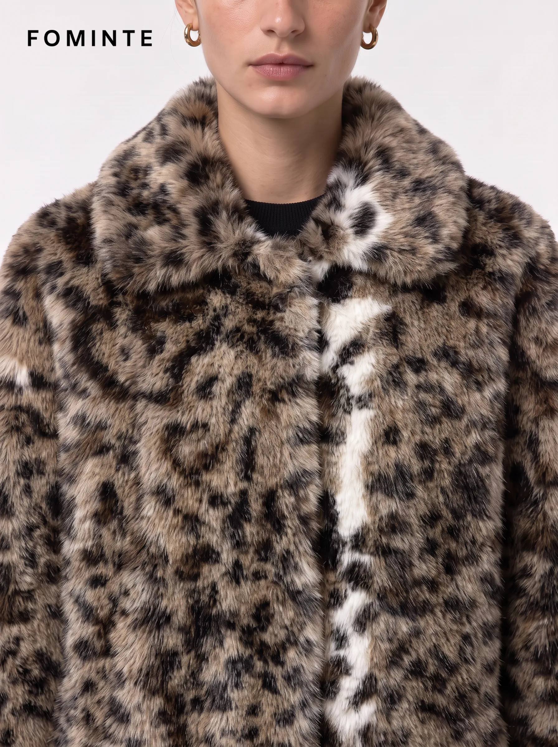 Greige Geometric Jacquard Hooded Faux Fur Coat