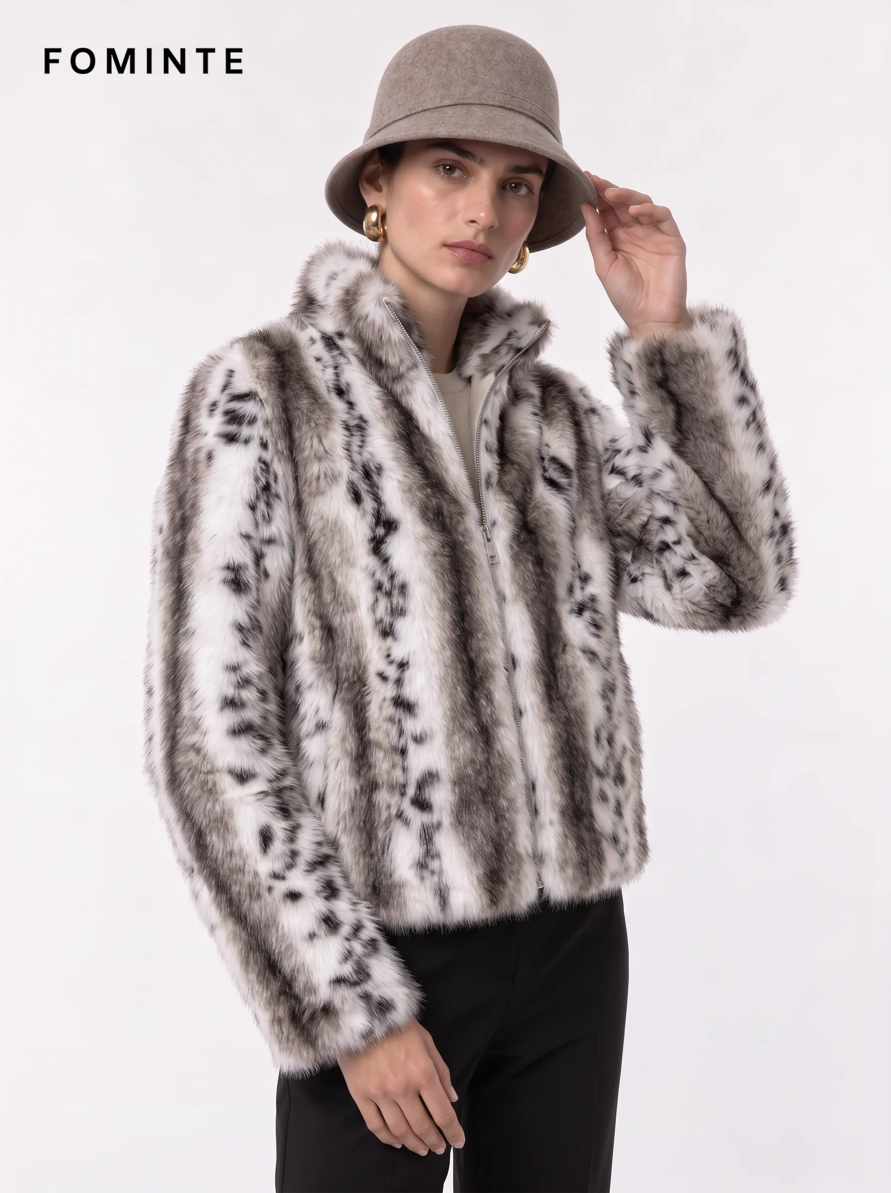 Snow Leopard Print Notch Lapel Faux Fur Jacket