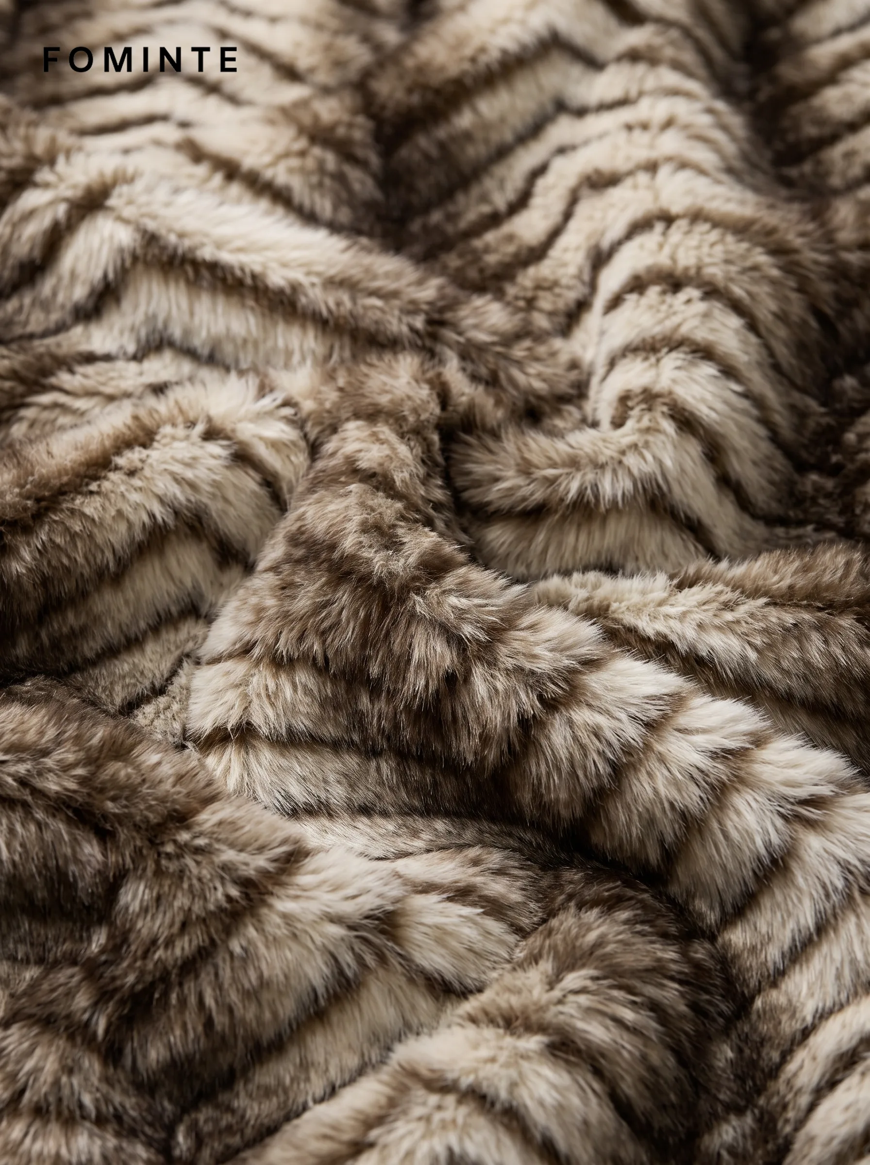 Ivory and Camel Wave Ripple Patterned Faux Fur Jacket