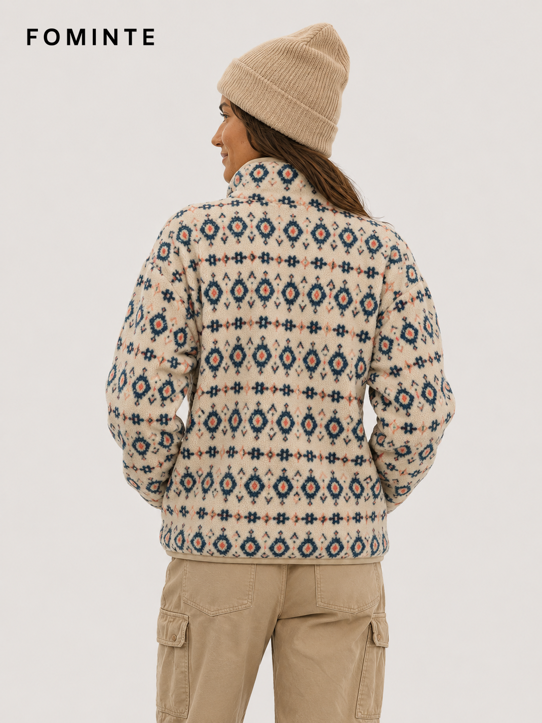 Cream and Light Blue Geometric Print Women's Printed Full-Zip Fleece Jacket Wholesale Custom Outerwear - FM0802000439