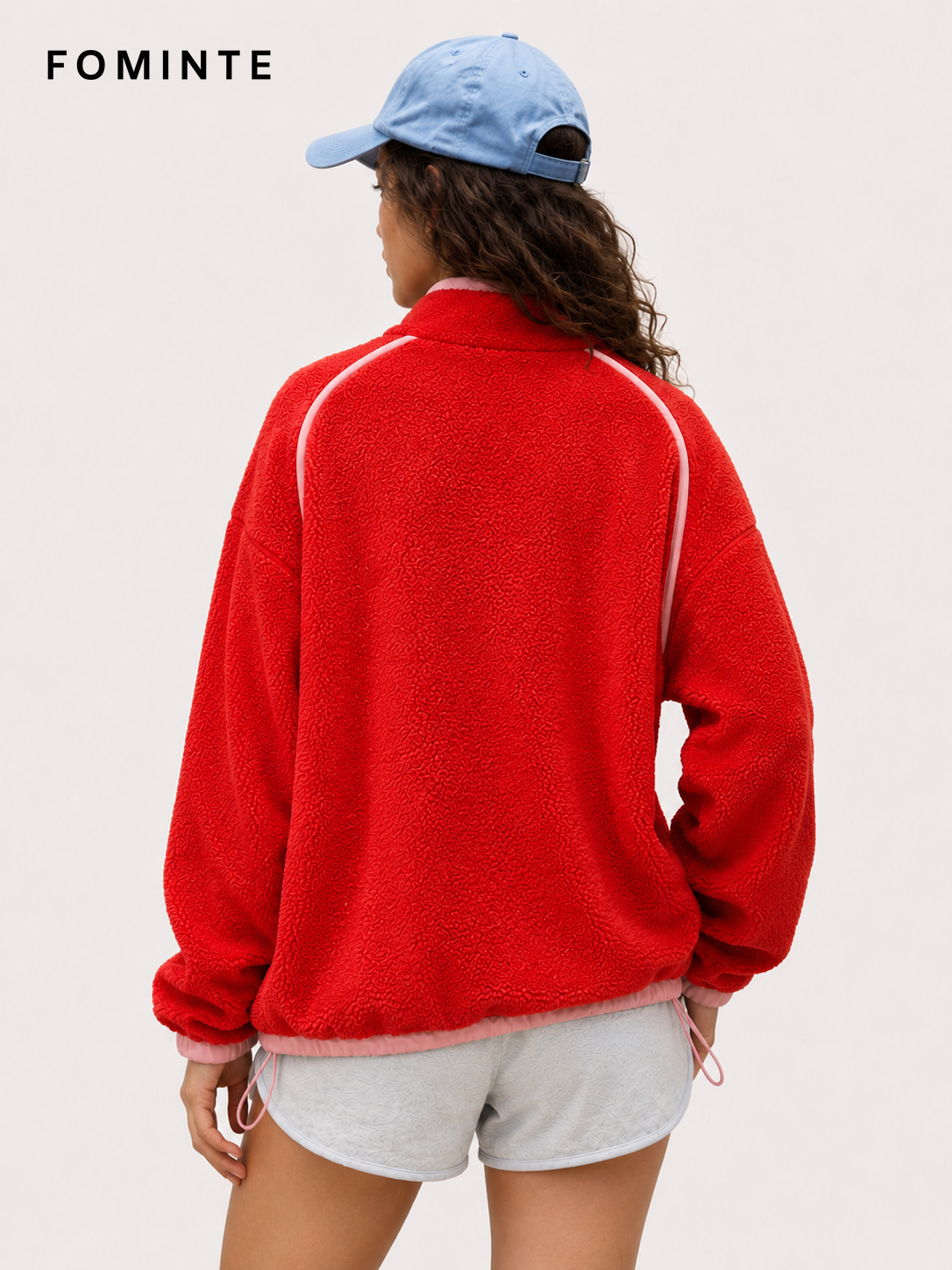 Tomato Red and Mist Pink Women's Colorblock Quarter-Zip Fleece Pullover Wholesale Custom Outerwear - FM0802000444-2