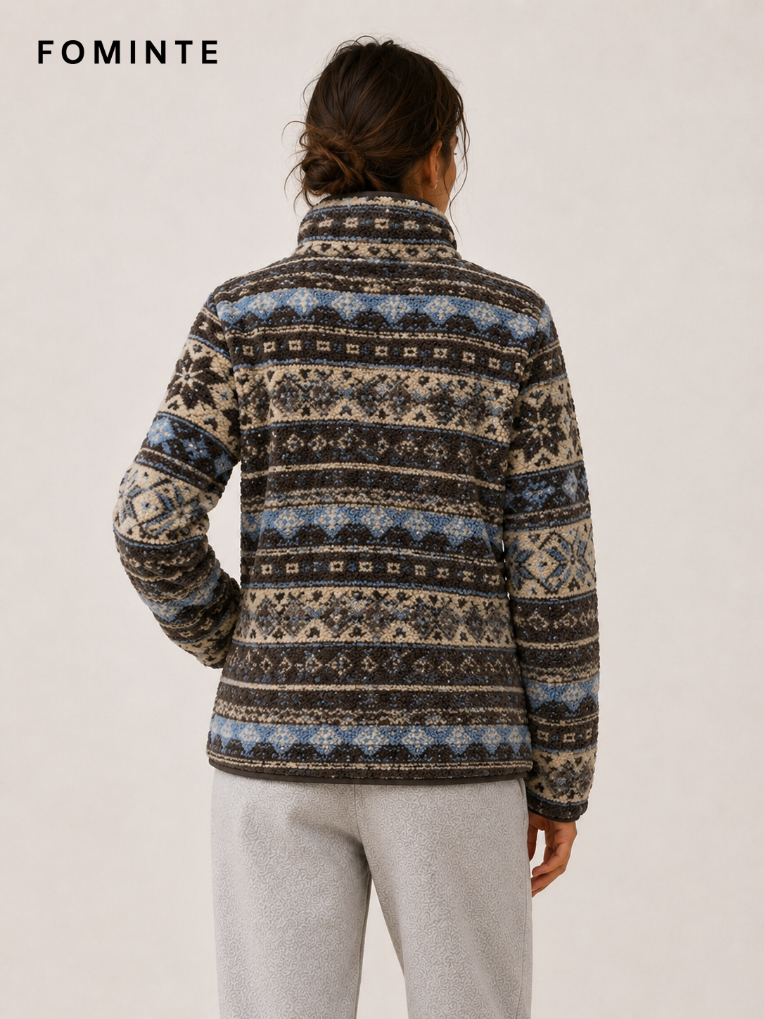 Brown and Blue Nordic Print Women's Nordic Print Full-Zip Fleece Jacket Wholesale Custom Outerwear - FM0802000445