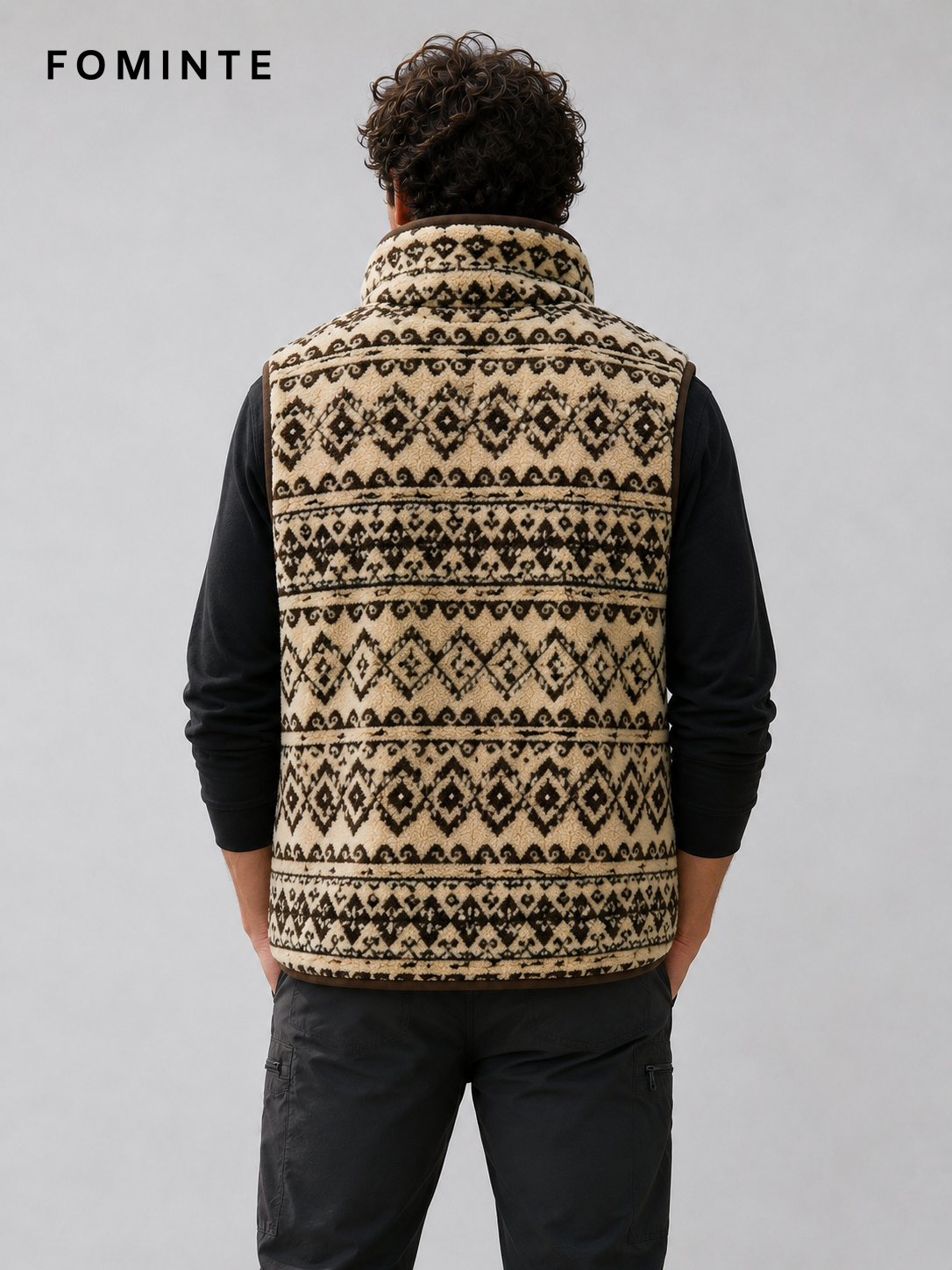 Beige and Brown Nordic Print Men's Nordic Print Full-Zip Fleece Vest Wholesale Custom Outerwear - FM0802000447
