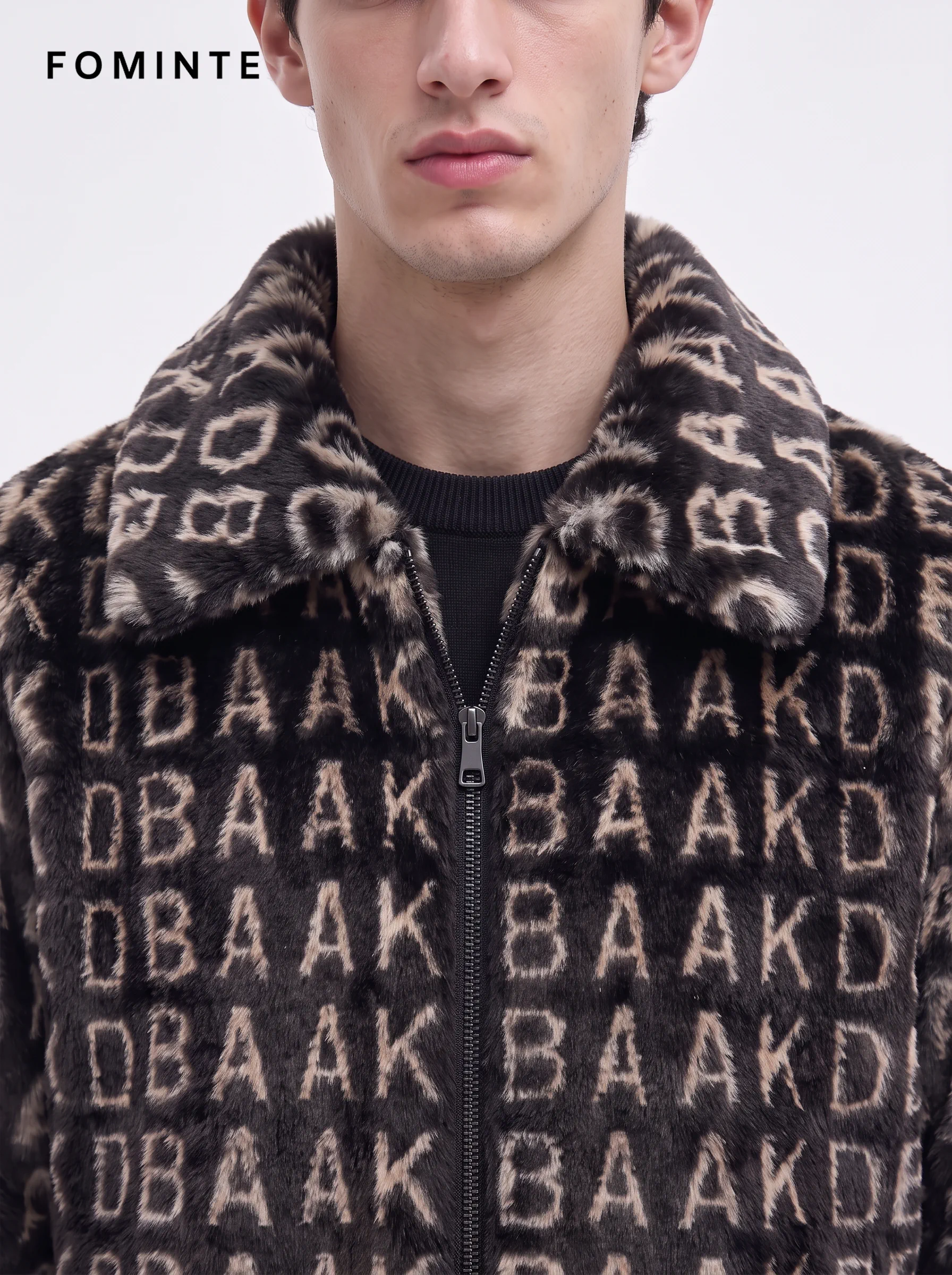 Black and Off-White Monogram Luxury Faux Fur Zip Jacket