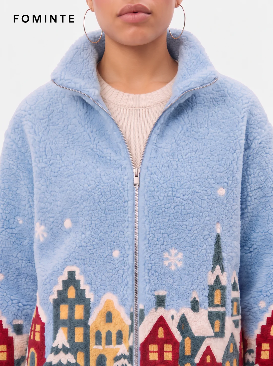 Sky Blue European Winter Town Jacquard Fleece Jacket