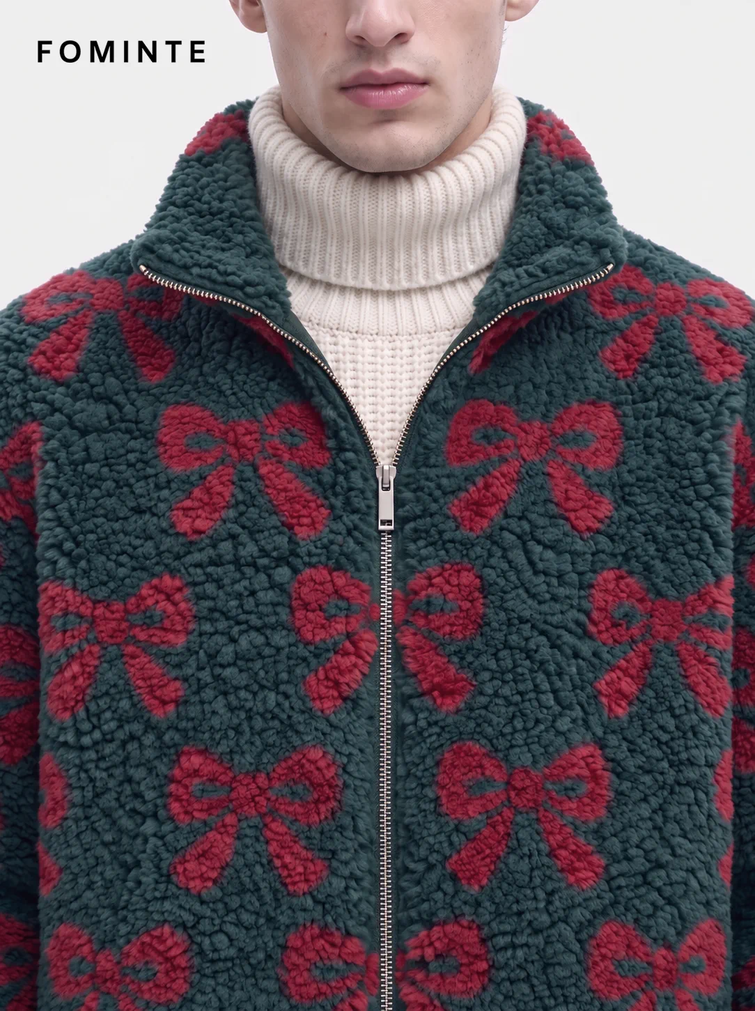 Forest Green Holiday Ribbon Bow Print Sherpa Jacket