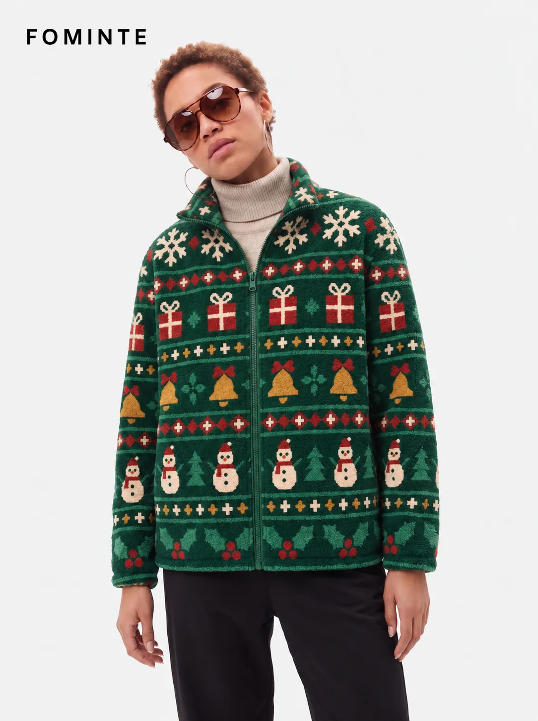 Pine Green Holiday Fair Isle Snowman Fleece Jacket