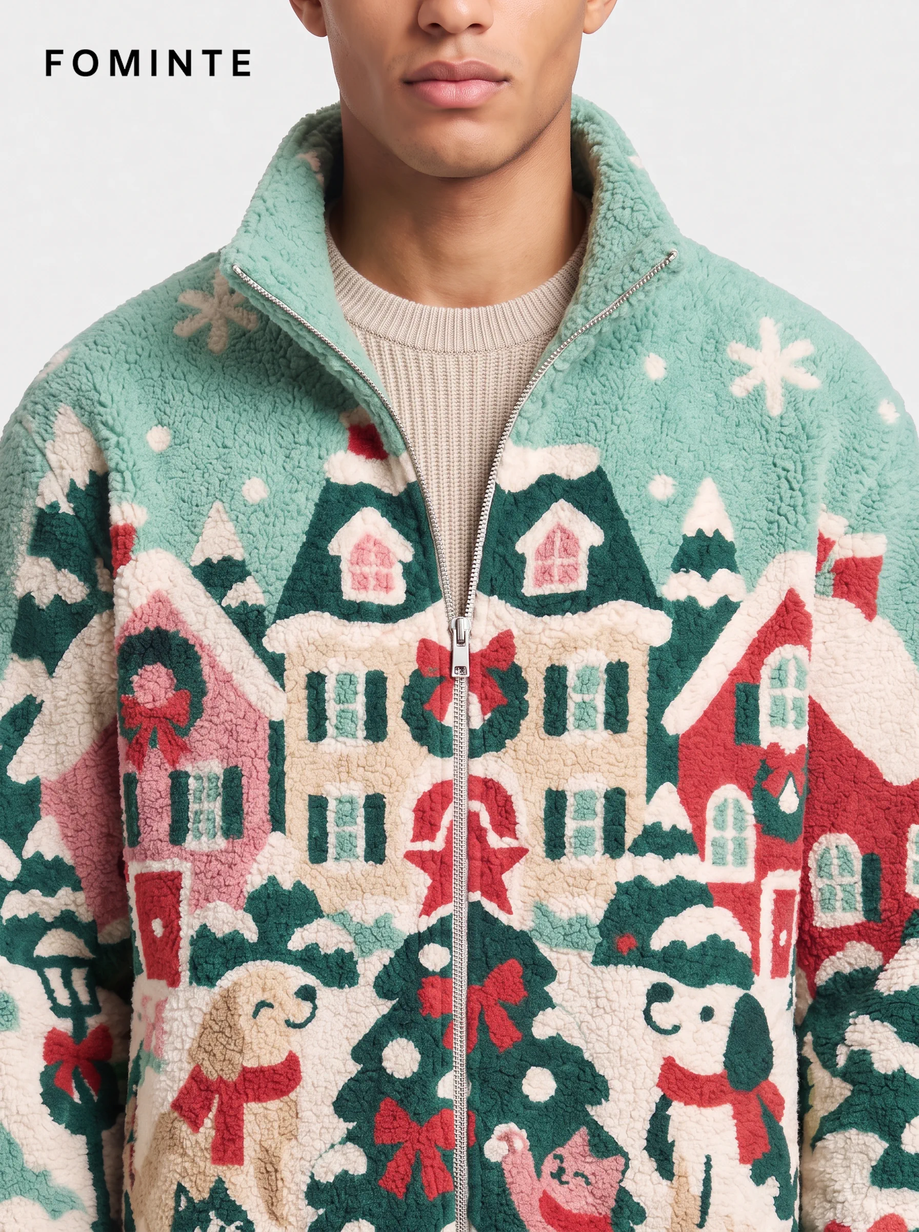Pastel Mint Winter Village and Holiday Pets Fleece Jacket
