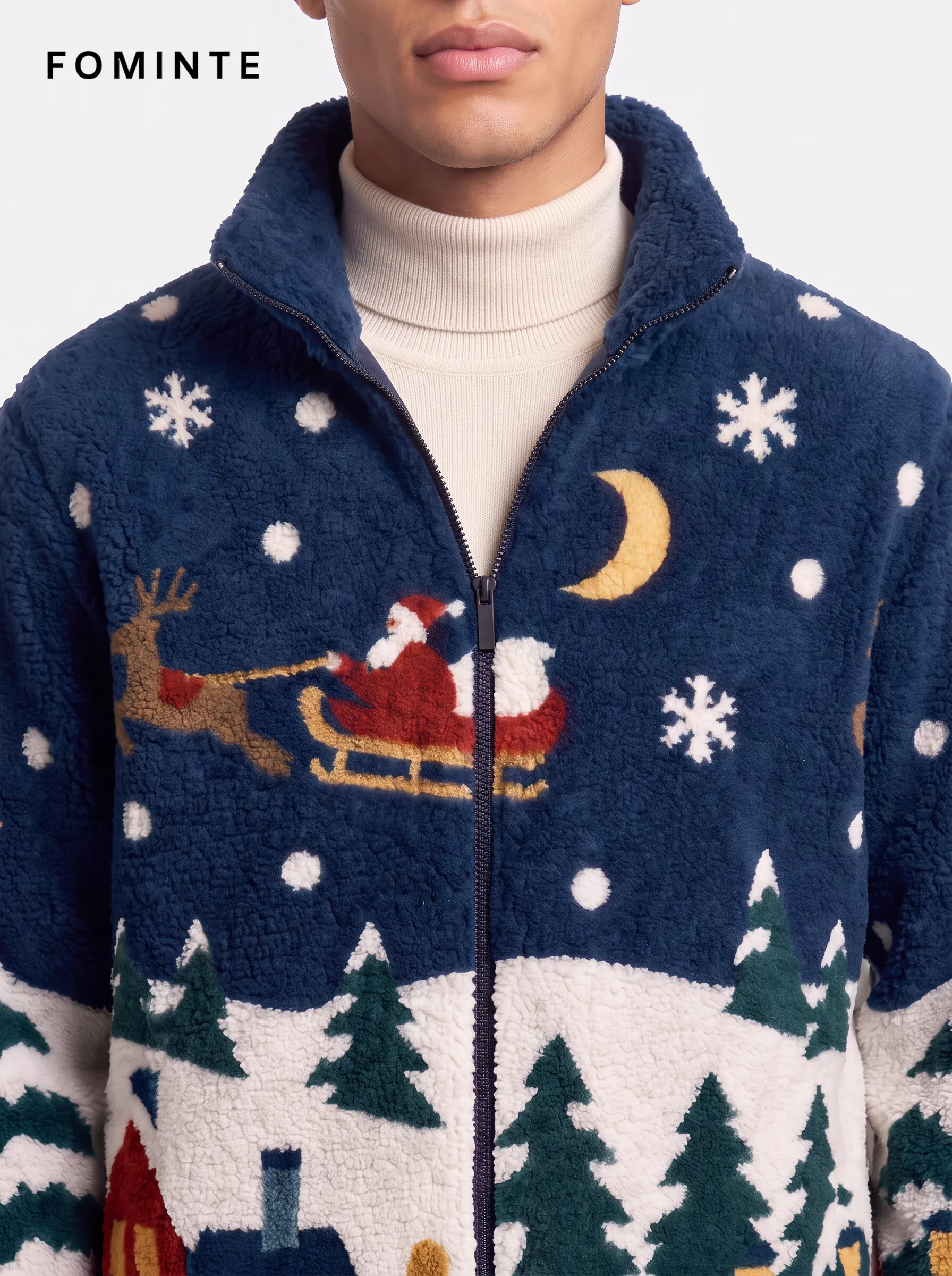 Midnight Navy Santa Sleigh Christmas Sherpa Jacket