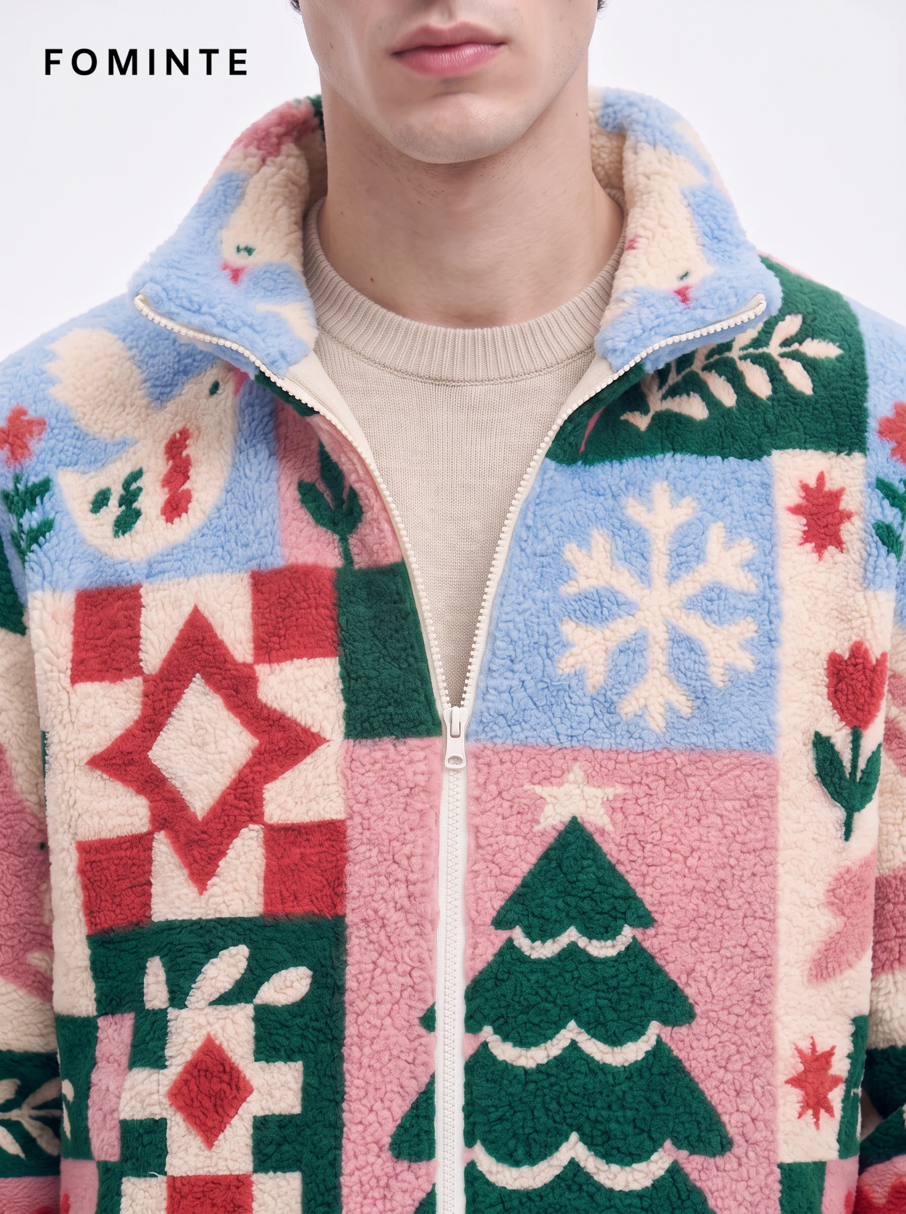Pastel Christmas Patchwork Quilt Sherpa Jacket