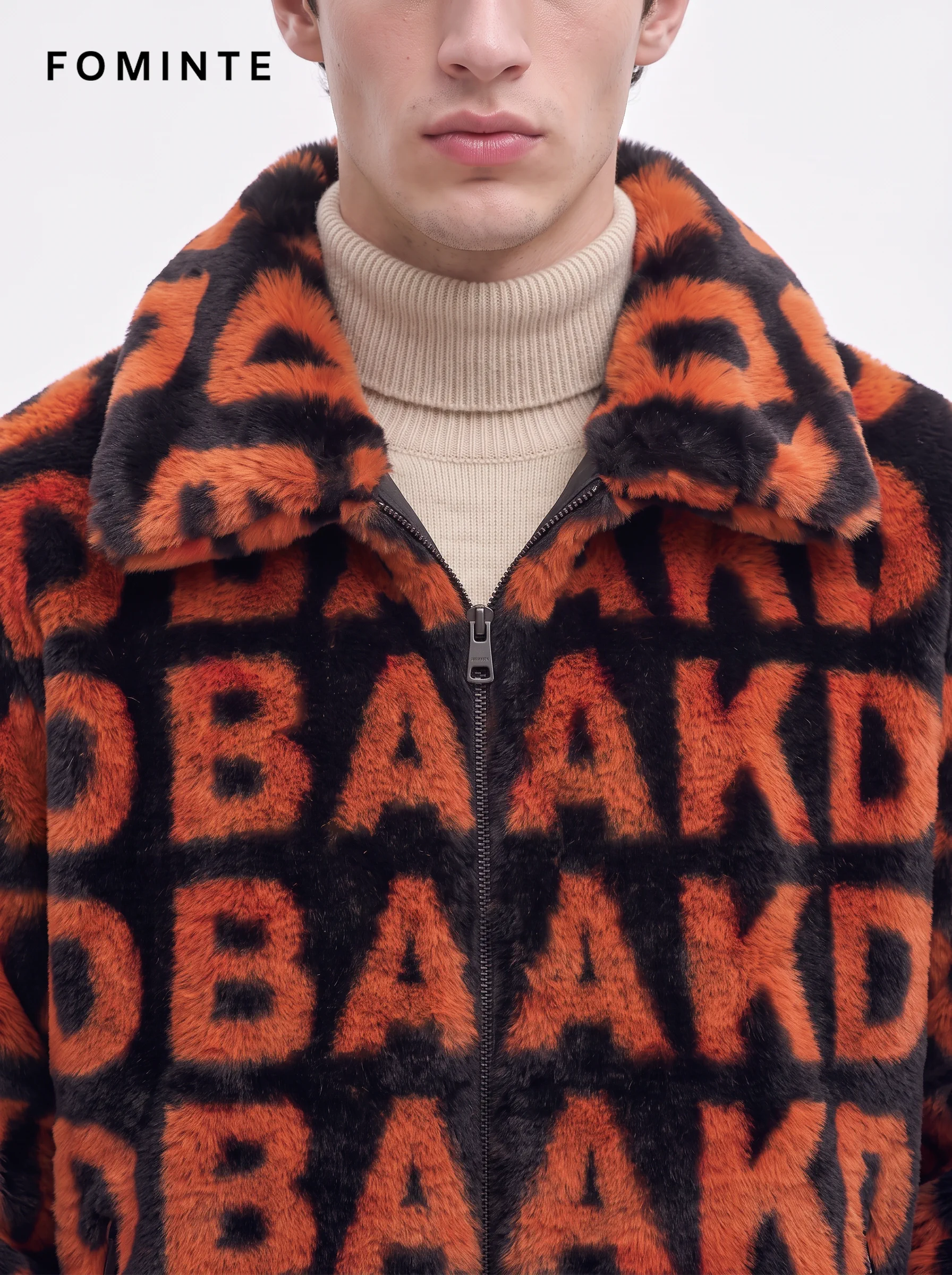 Tangerine and Black Monogram Luxury Faux Fur Zip Jacket