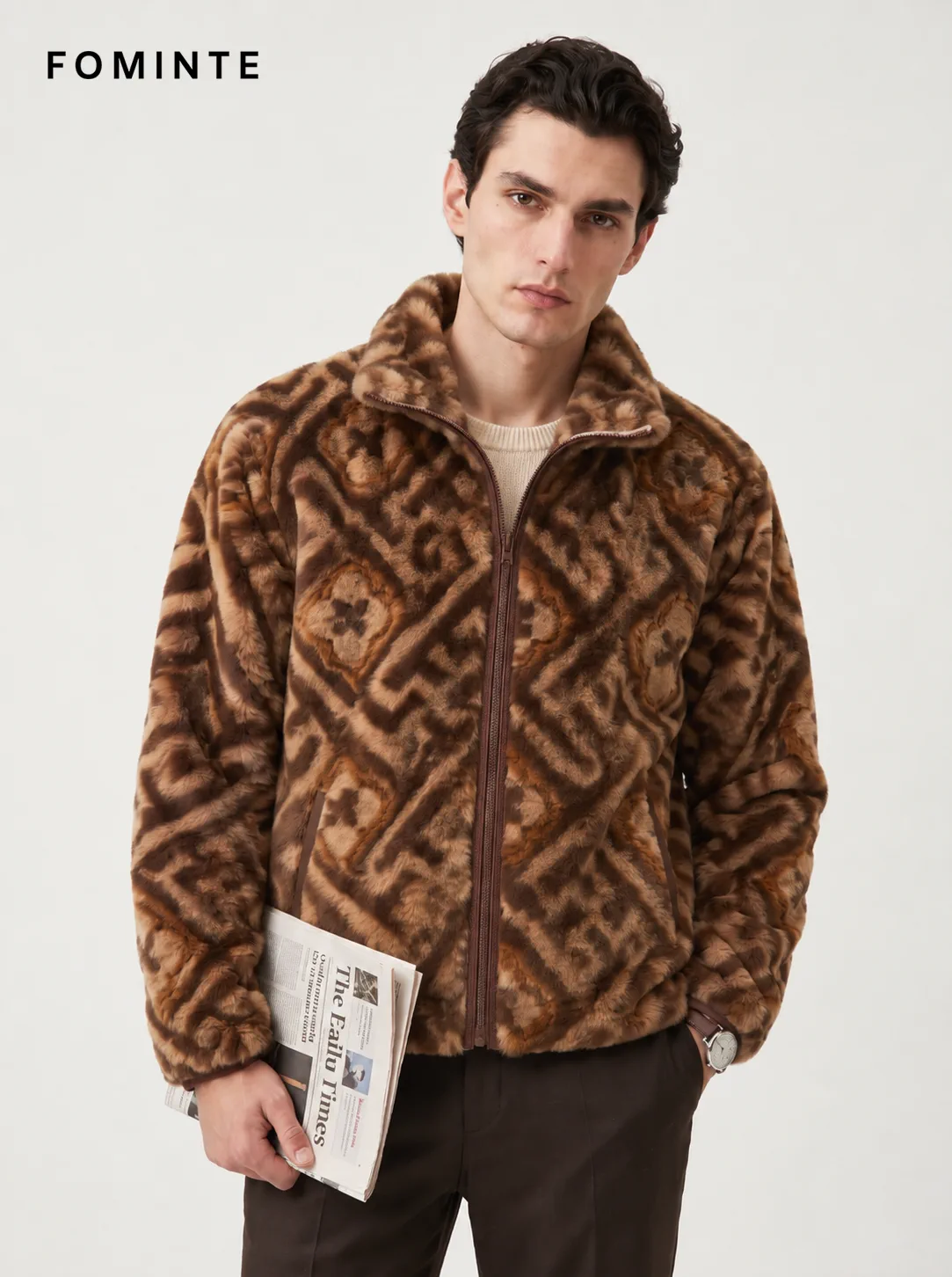 Earthy Colorblock Geometric Patchwork Luxury Faux Fur Jacket